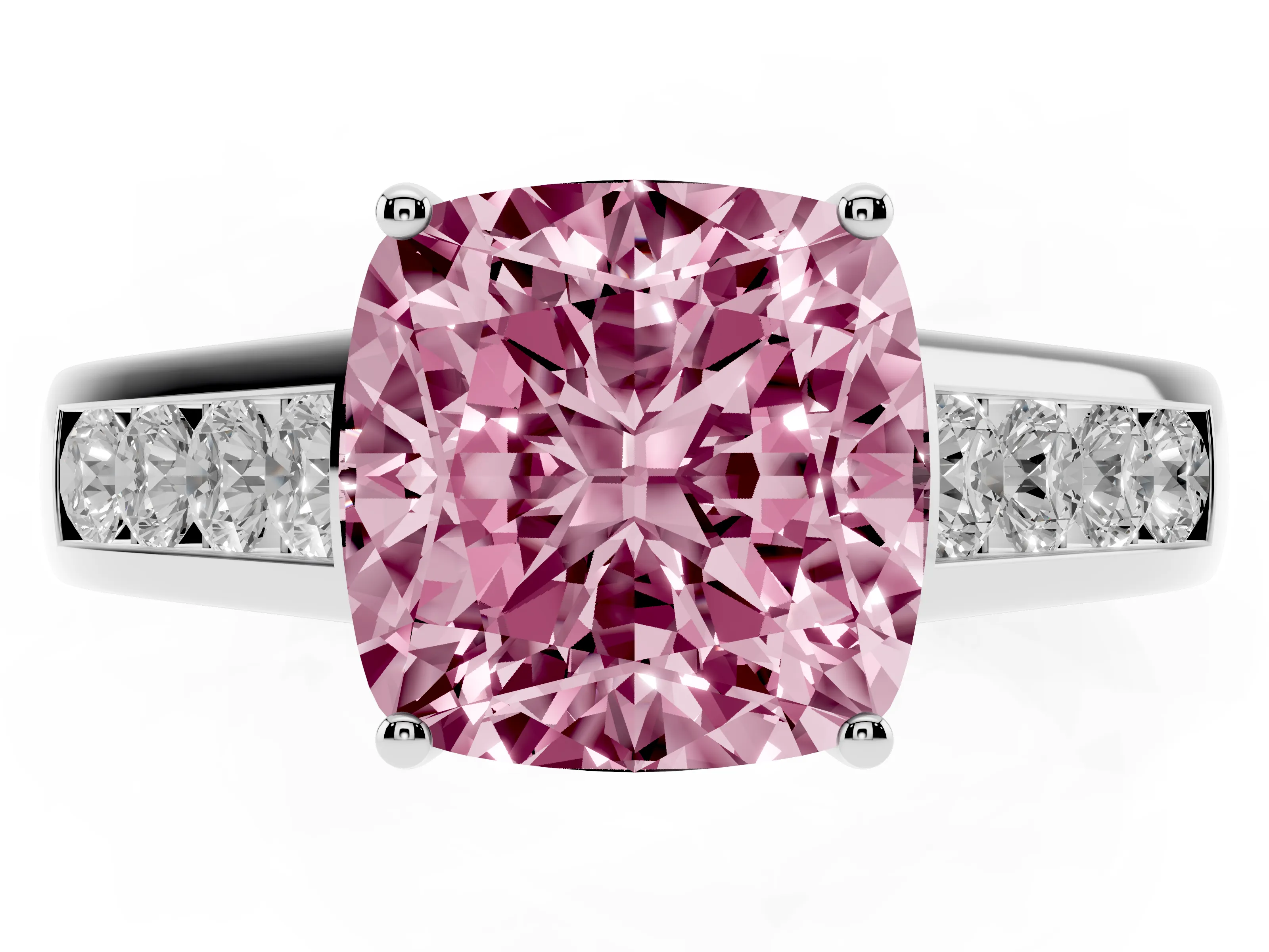 Fancy Pink Cushion Cut Diamond Brilliant Channel-Set Solitaire Ring Set in Platinum with Prong Setting