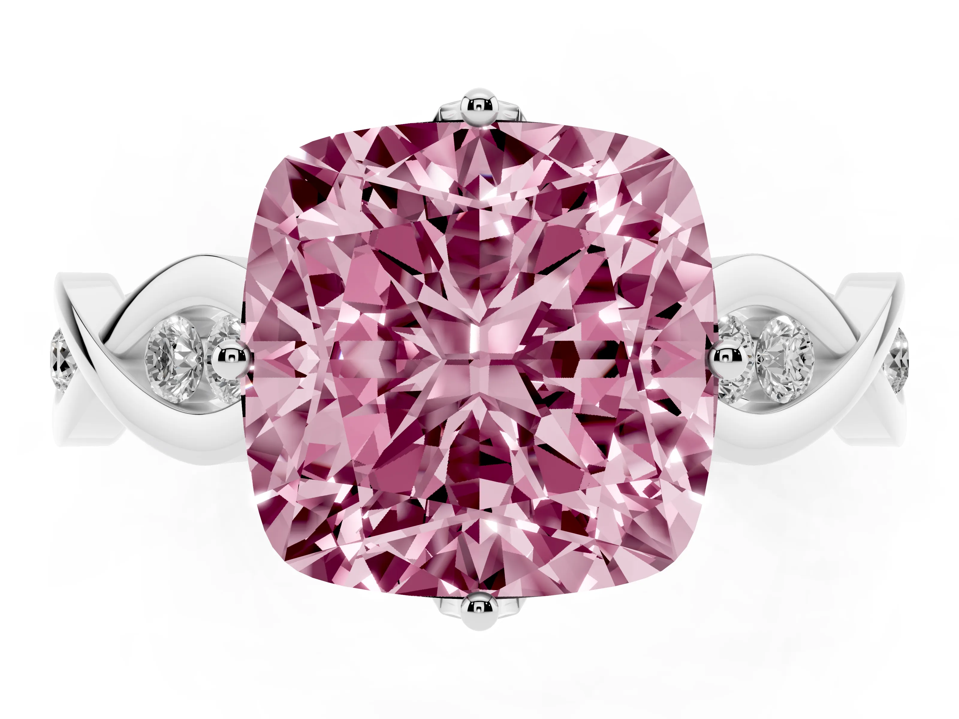 Fancy Pink Cushion Cut Diamond Twist Band Solitaire Ring Set in Platinum with Leaf Prong Setting and Accent Stones