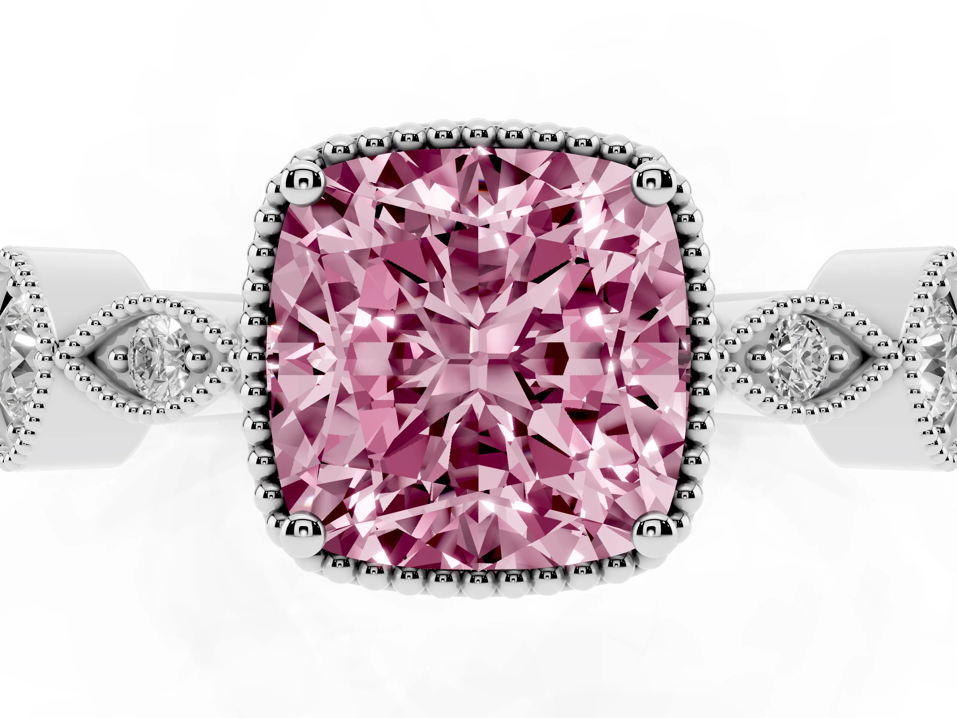 Fancy Pink Cushion Cut Diamond Vintage-Inspired Milgrain Ring Set in White gold with Marquise Stations of Round Accents