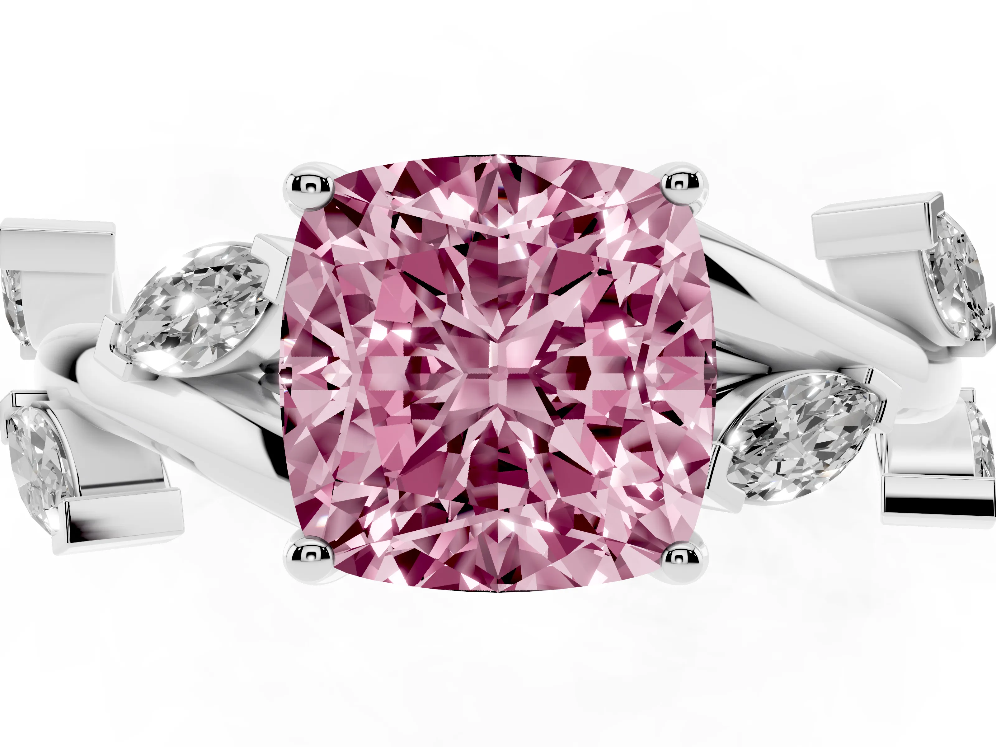 Fancy Pink Cushion Cut Diamond Solitaire Ring Set in Platinum with Twisted Marquise Accent Band