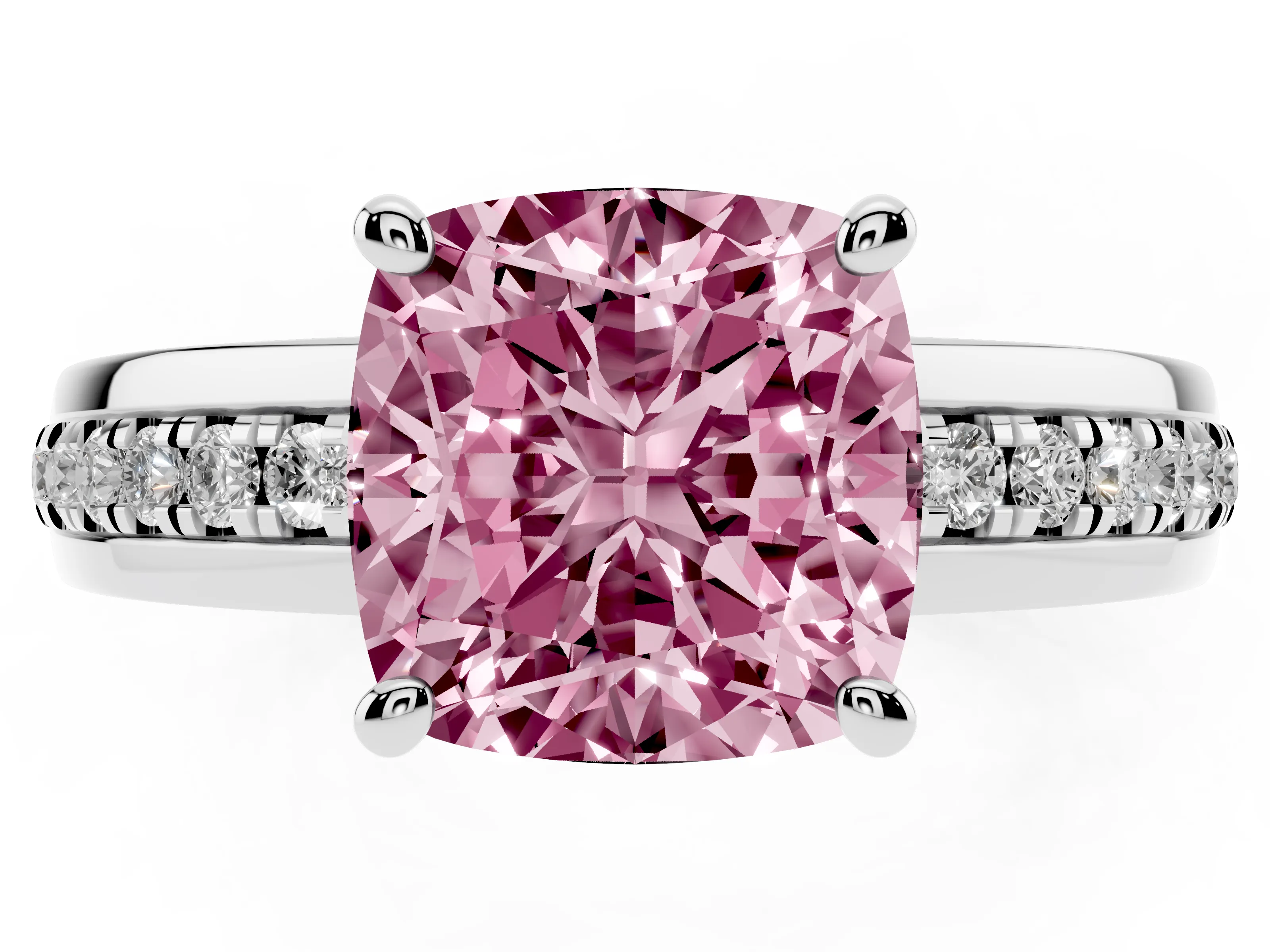 Fancy Pink Cushion Cut Diamond Solitaire Ring Set in Silver with Channel Set Band and Prong Setting