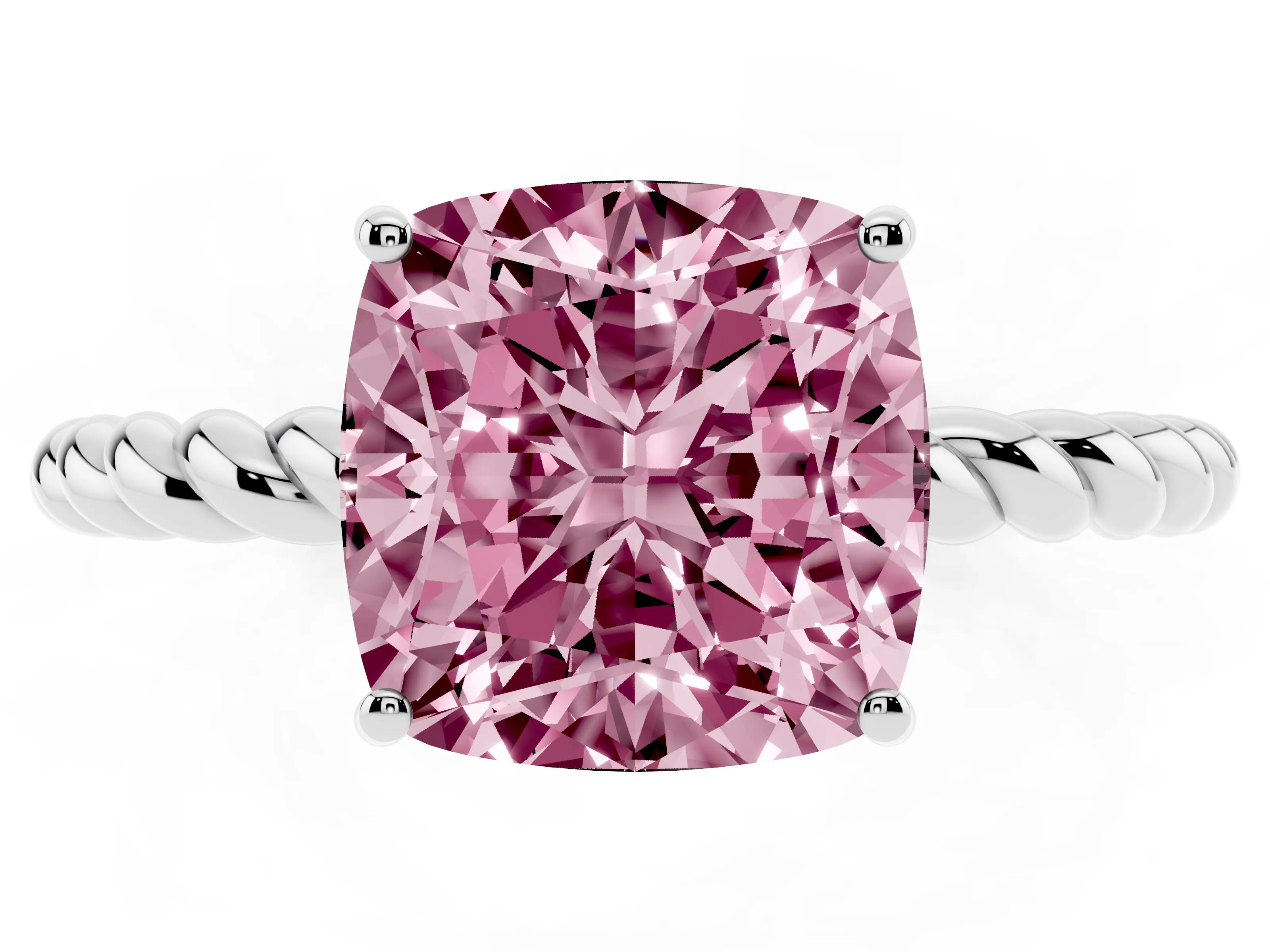 Fancy Pink Cushion Cut Diamond Solitaire Ring Set in White gold with Twist Band and Prong Setting