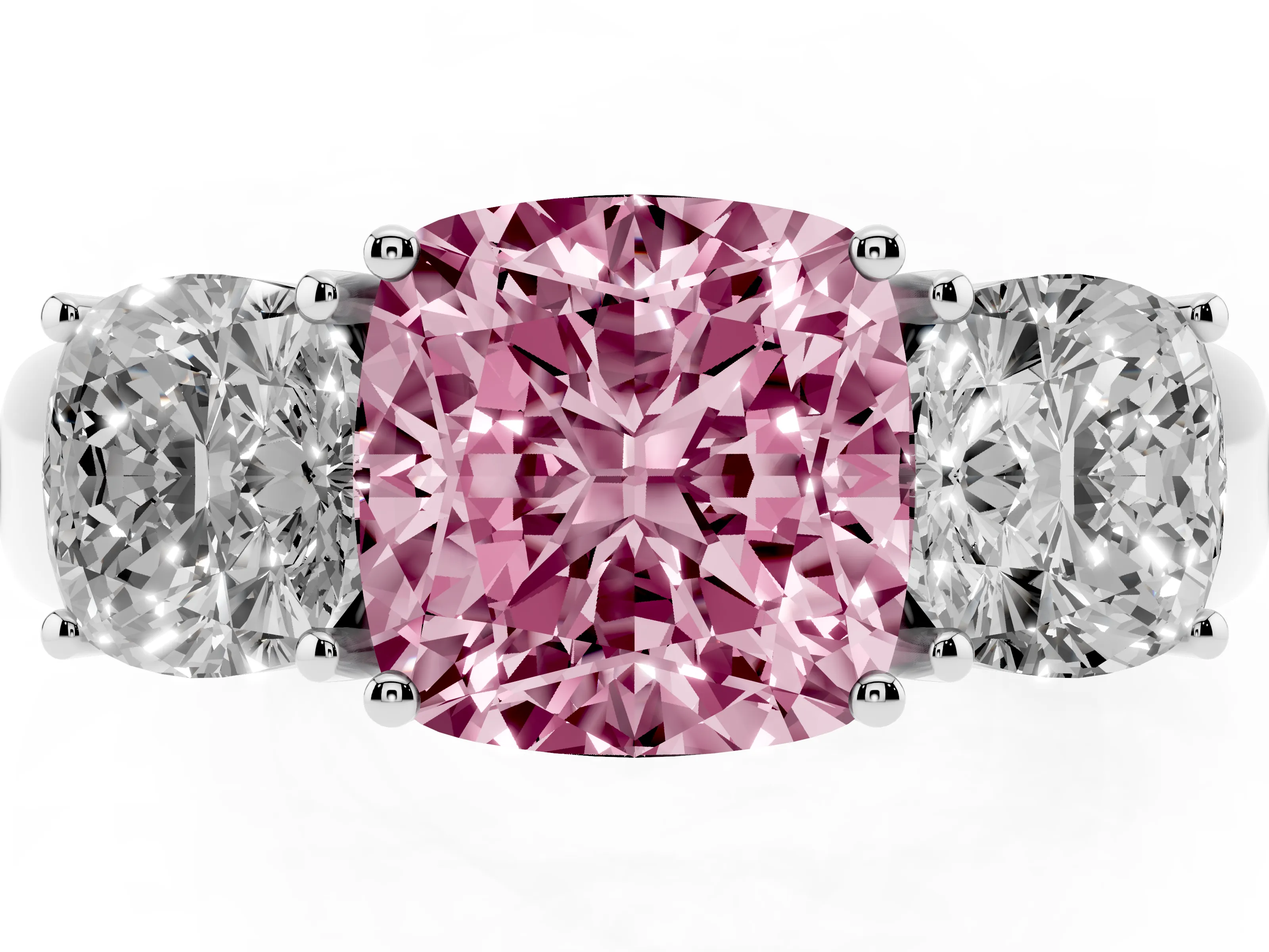 Fancy Pink Three-Stone Cushion Cut Diamond Ring Set in Silver with Matching Prong Settings and Plain Band