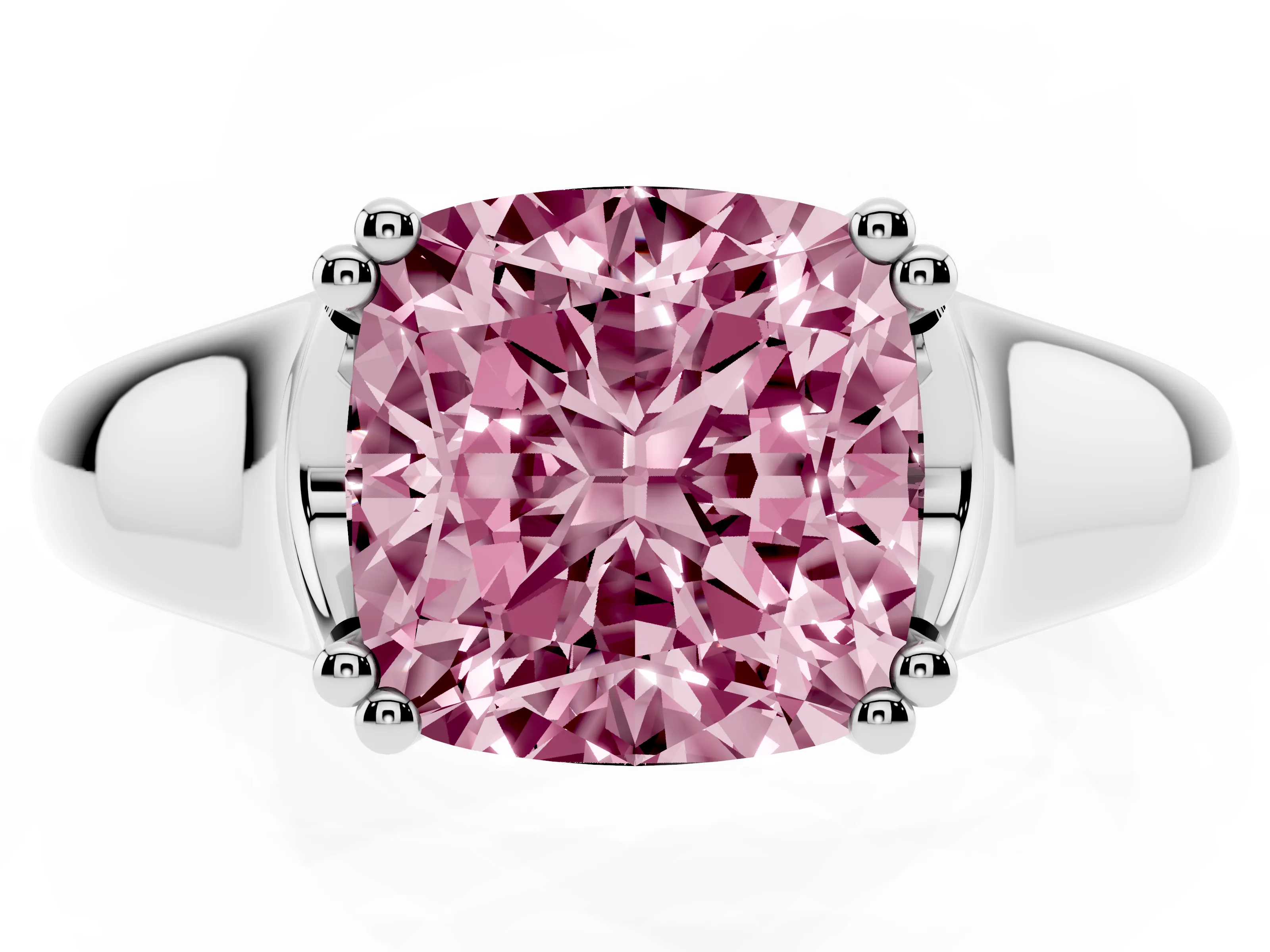 Fancy Pink Cushion Cut Diamond Solitaire Ring Set in Platinum with Wide Band and Prong Setting