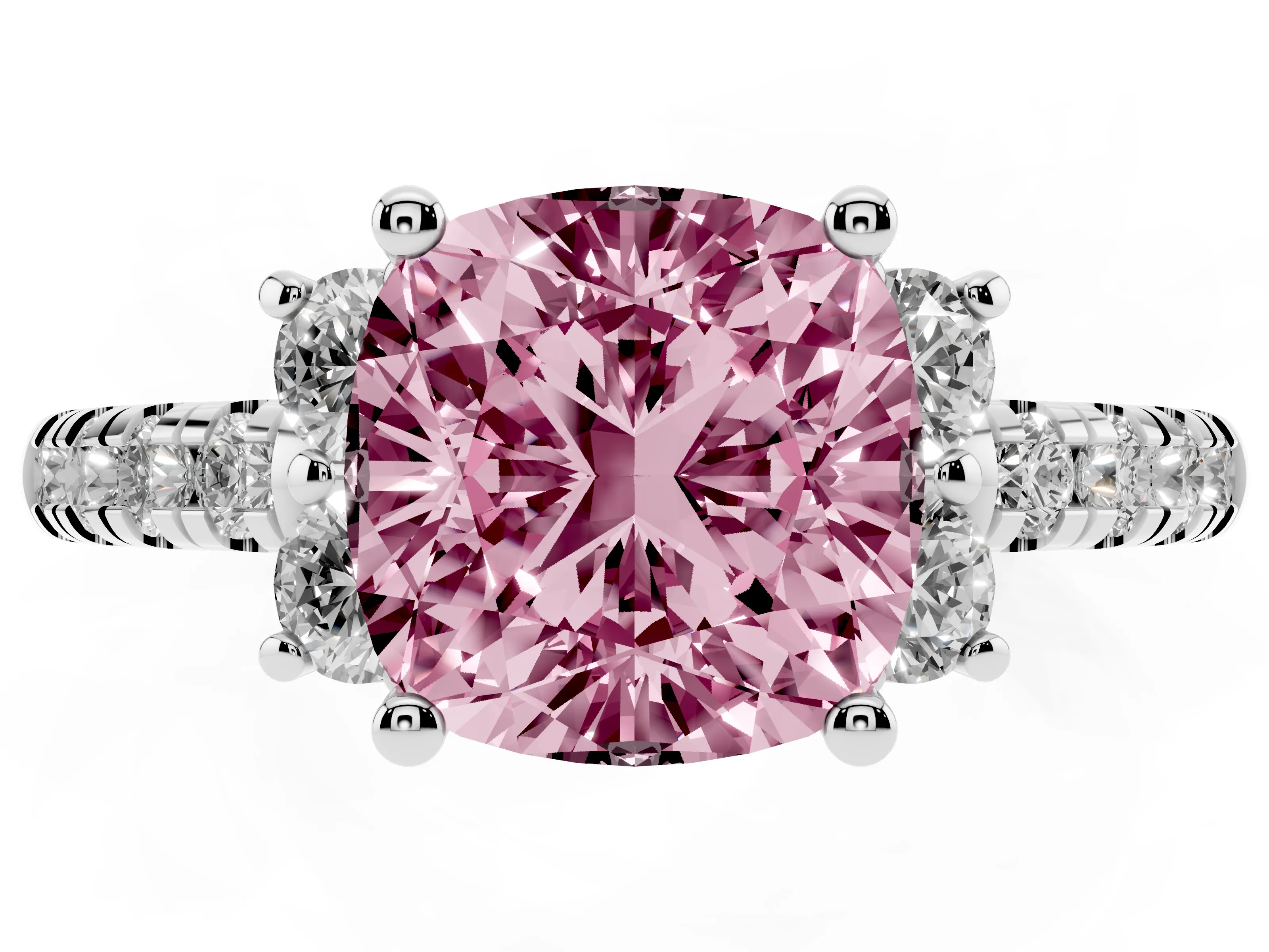 Fancy Pink Cushion Cut Diamond Three-Stone Pavé Ring Set in Silver with Prong Setting