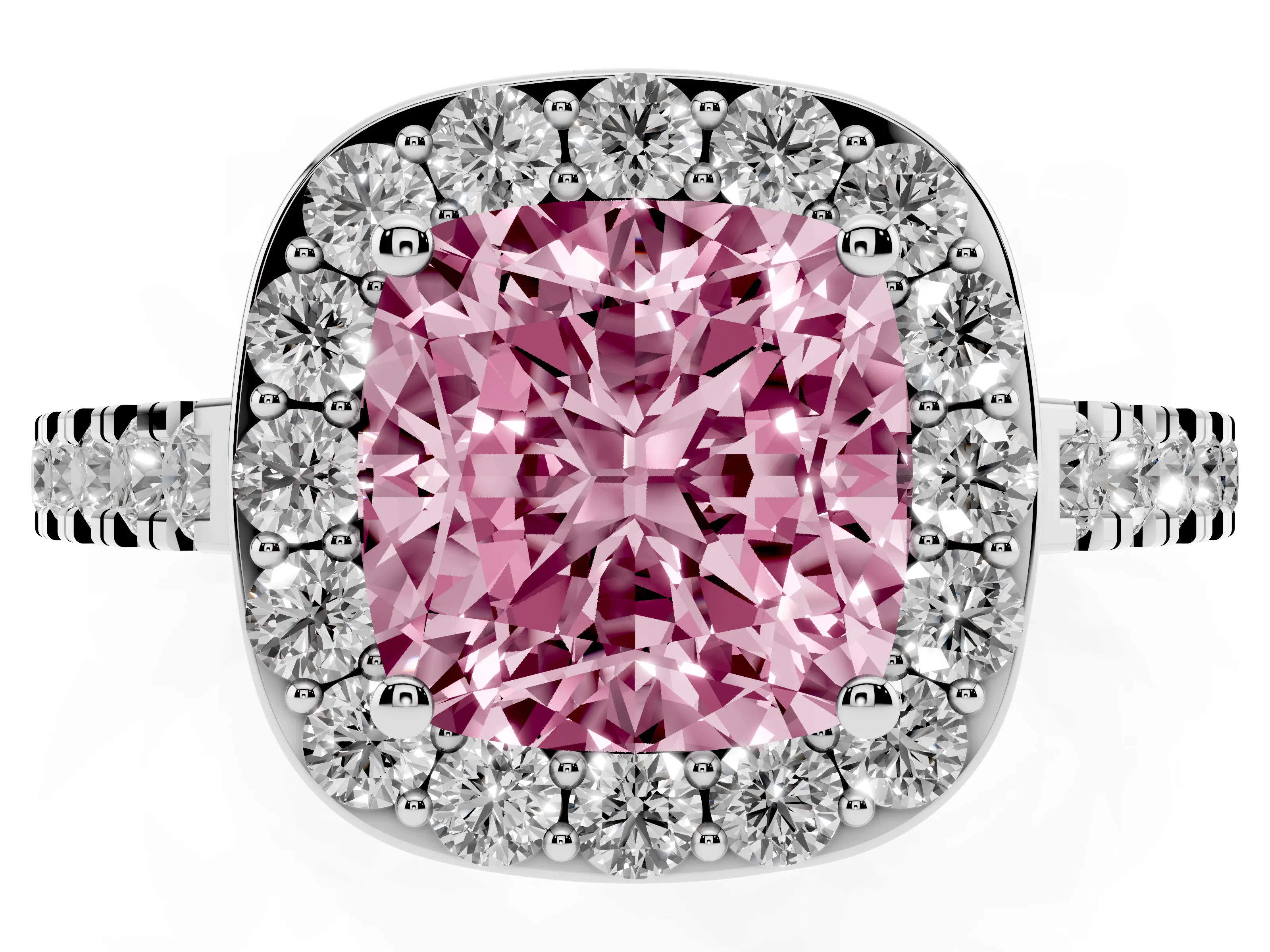 Fancy Pink Cushion Cut Diamond Halo Ring Set in Silver with Round Pavé Split Shank and Prong Setting