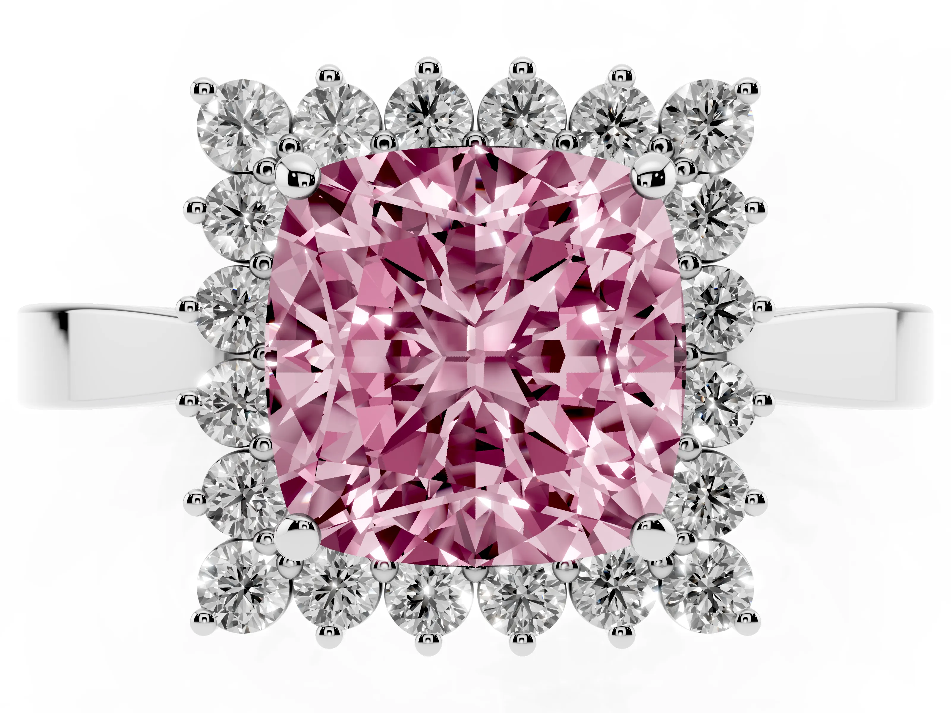 Fancy Pink Cushion Cut Diamond Halo Ring Set in White gold with Round Halo and Smooth Solitaire Band