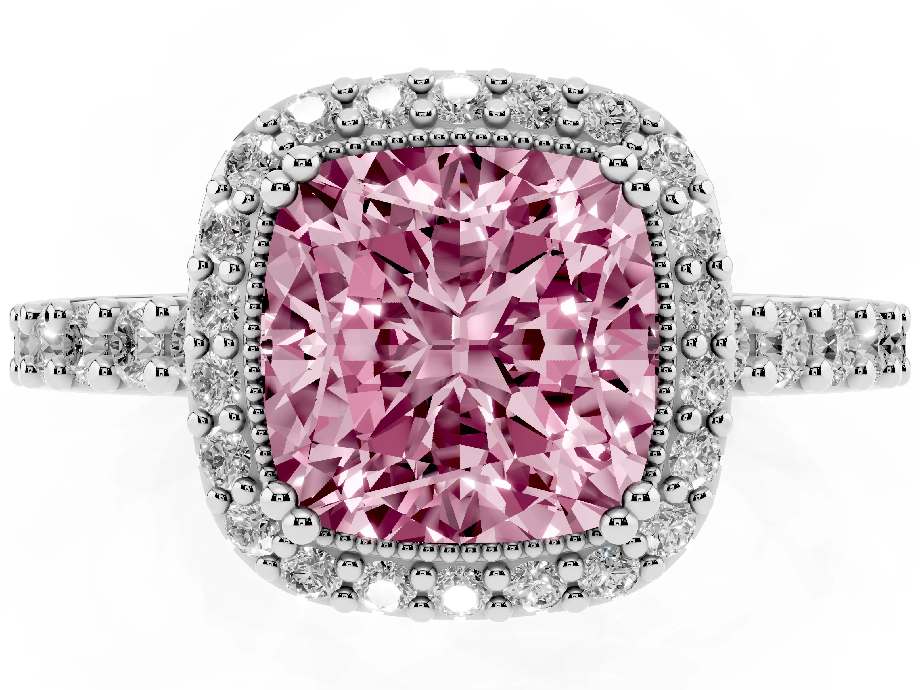 Fancy Pink Cushion Cut Diamond Halo Engagement Ring Set in Platinum with Milgrain Detail and Pavé Band