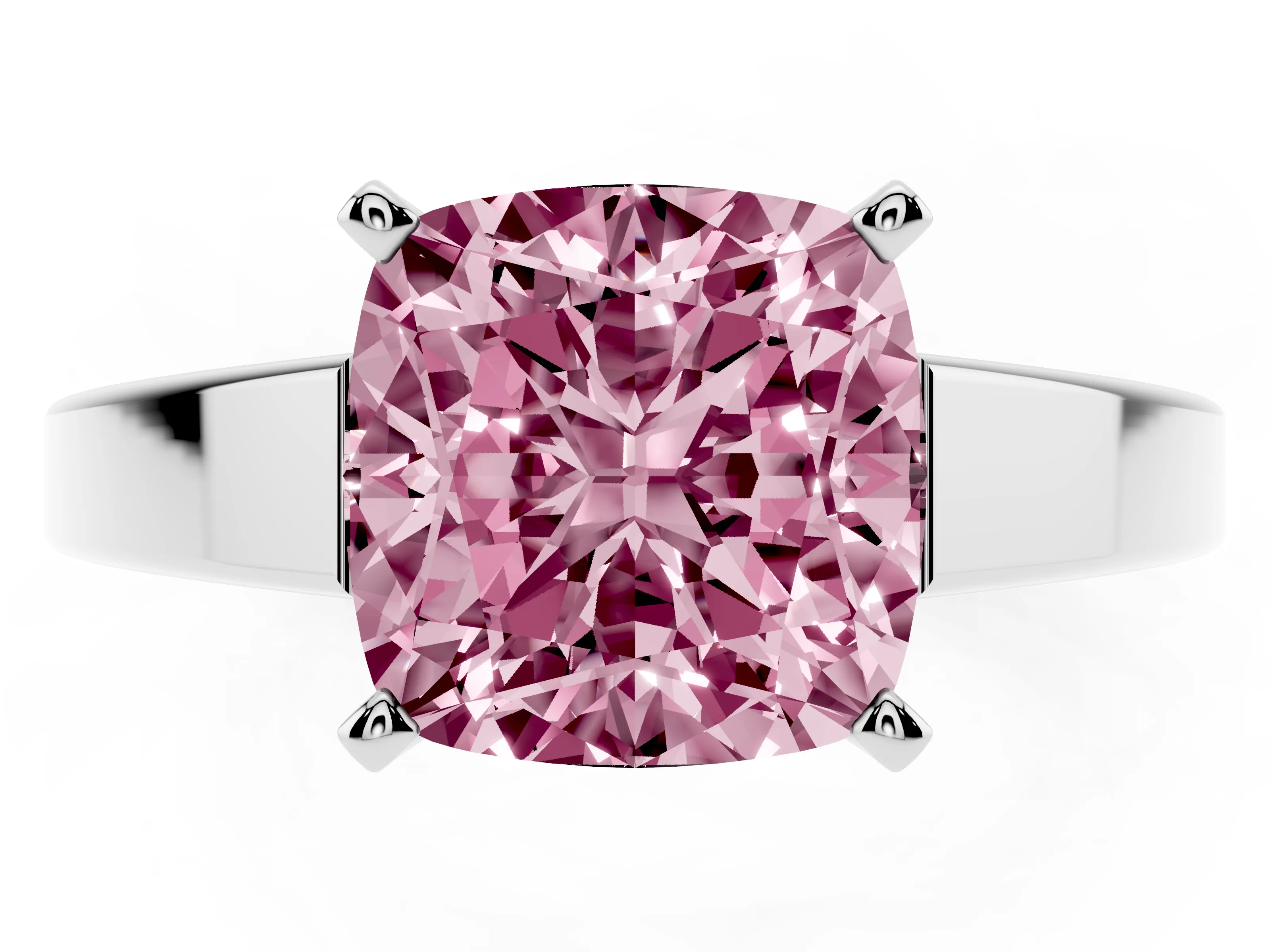 Fancy Pink Cushion Cut Diamond Solitaire Engagement Ring Set in White gold with Prong Setting and Tapered Band