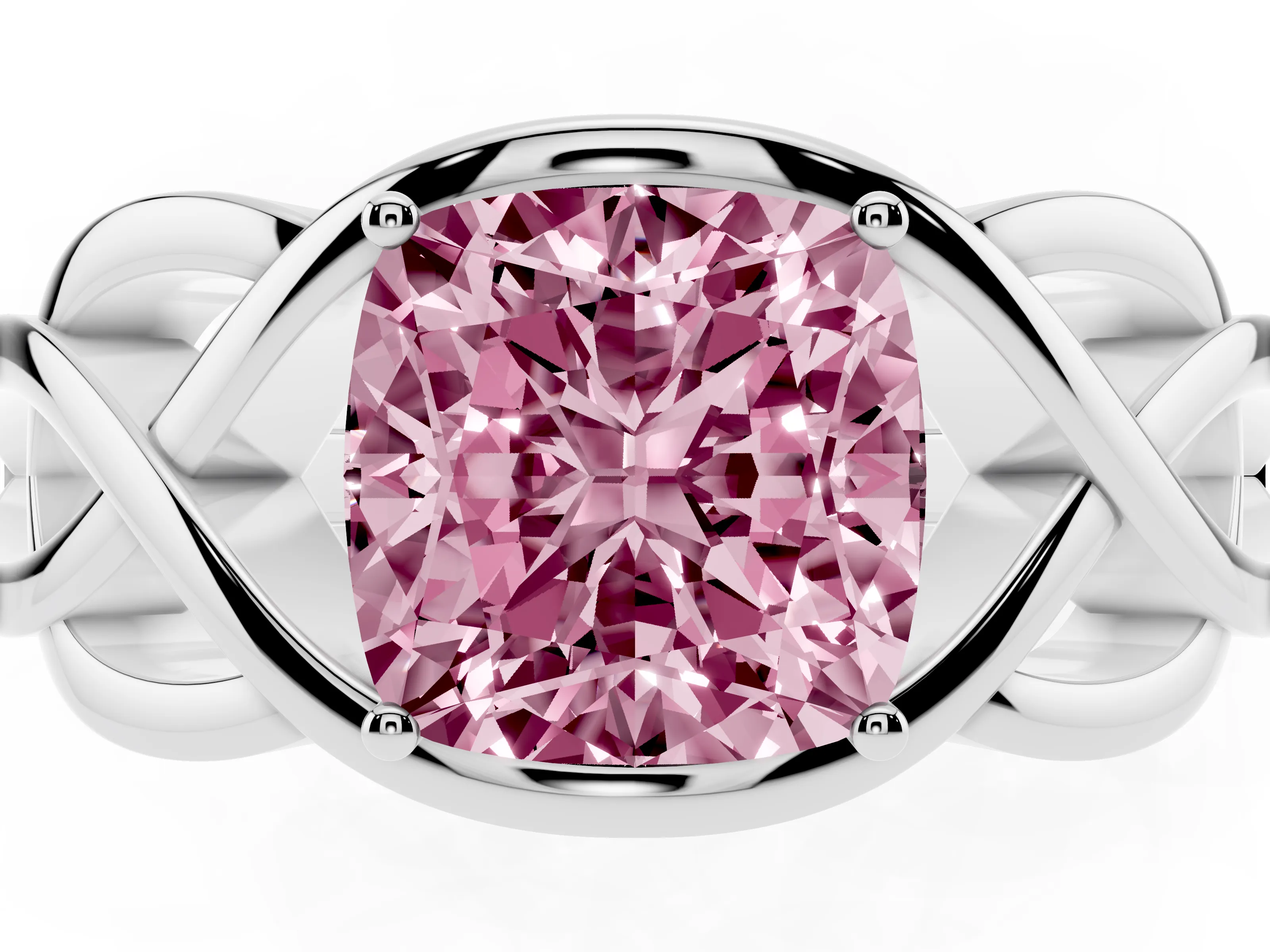 Fancy Pink Cushion Cut Diamond Solitaire Ring Set in Silver with Intertwined Band