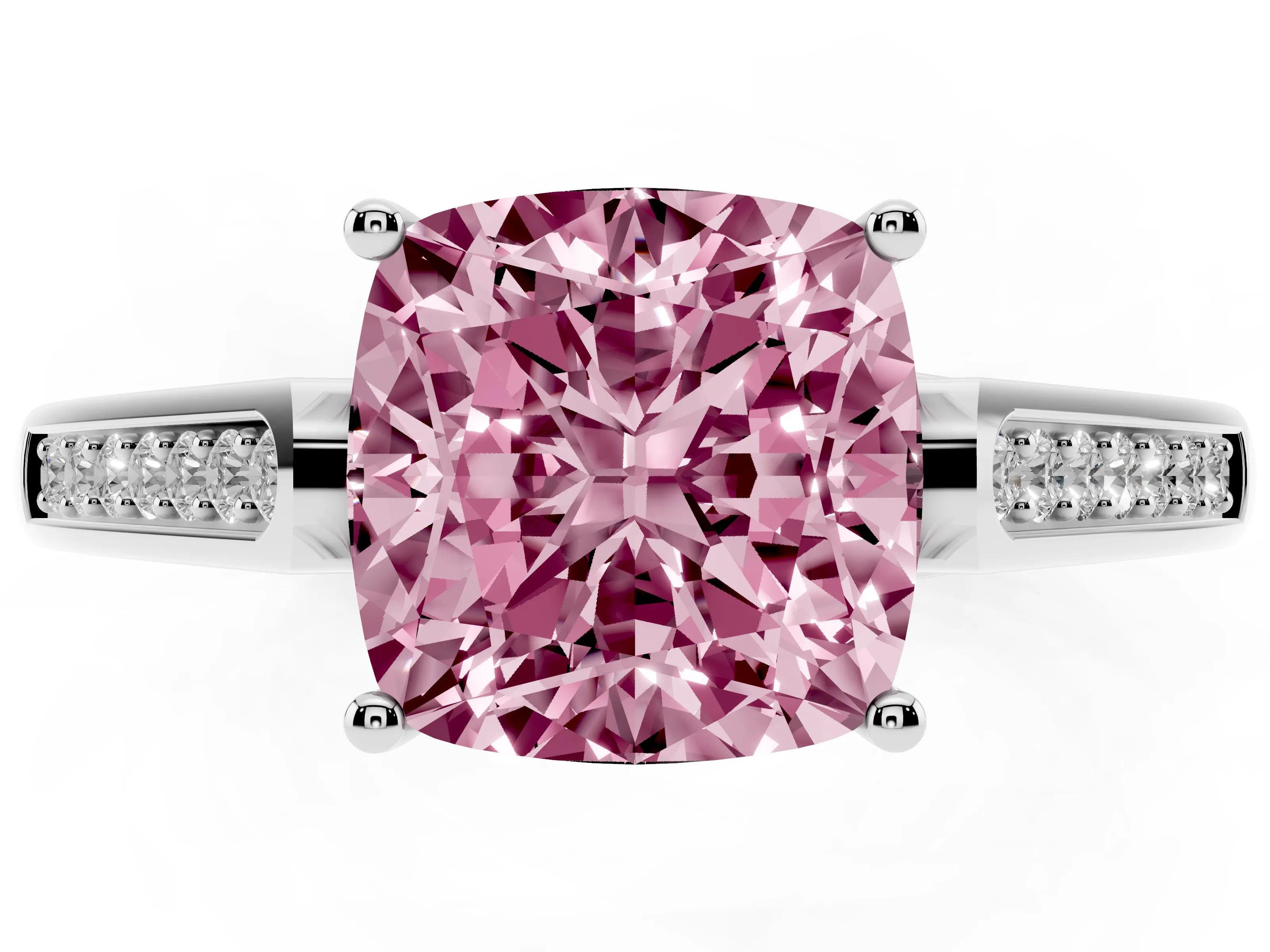 Fancy Pink Cushion Cut Diamond Solitaire Cathedral Engagement Ring Set in White gold with Channel-Set Band and Prong Setting