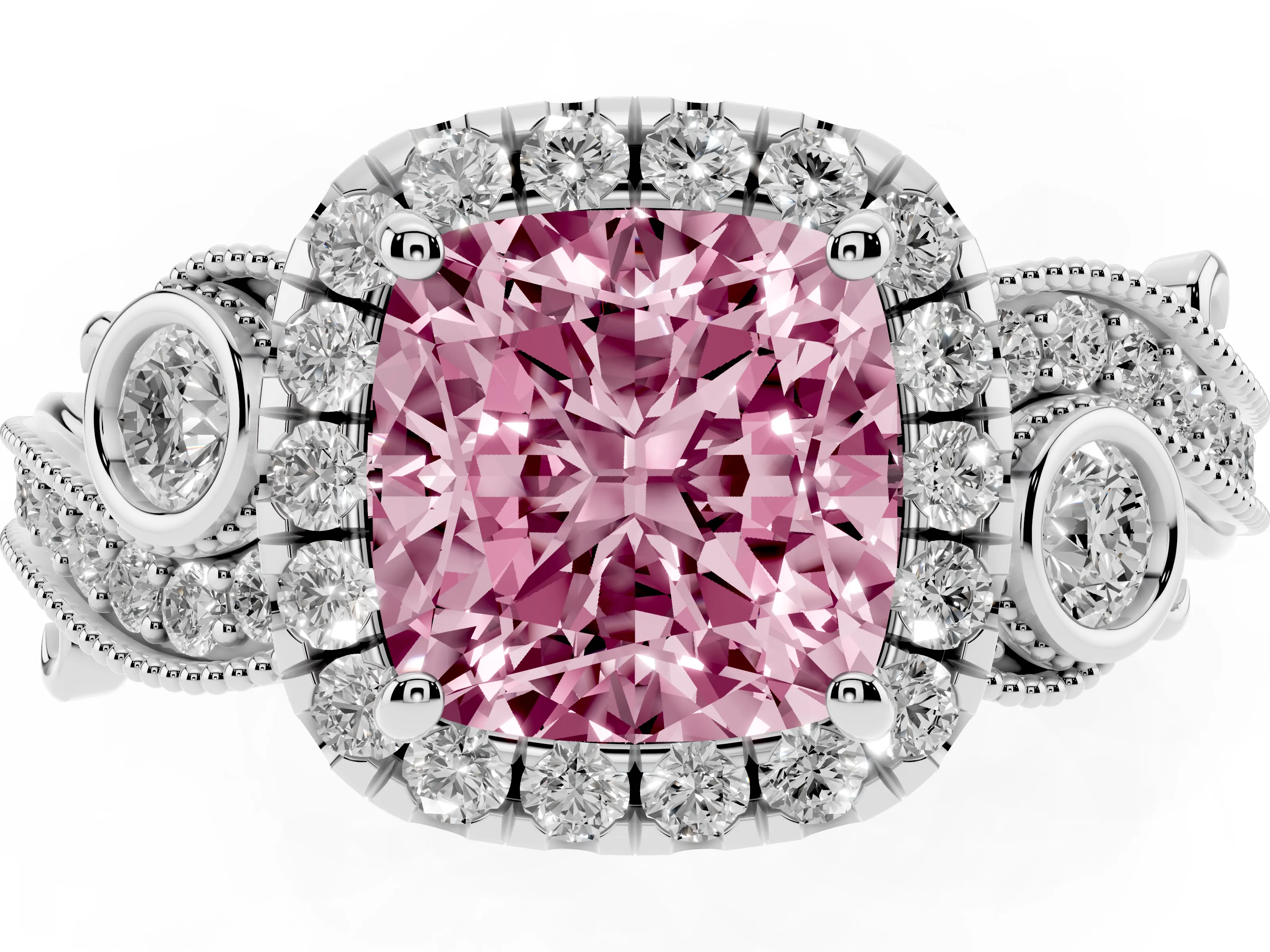 Fancy Pink Cushion Cut Diamond Halo Ring Set in Platinum with Milgrain Pavé Band and Prong Setting