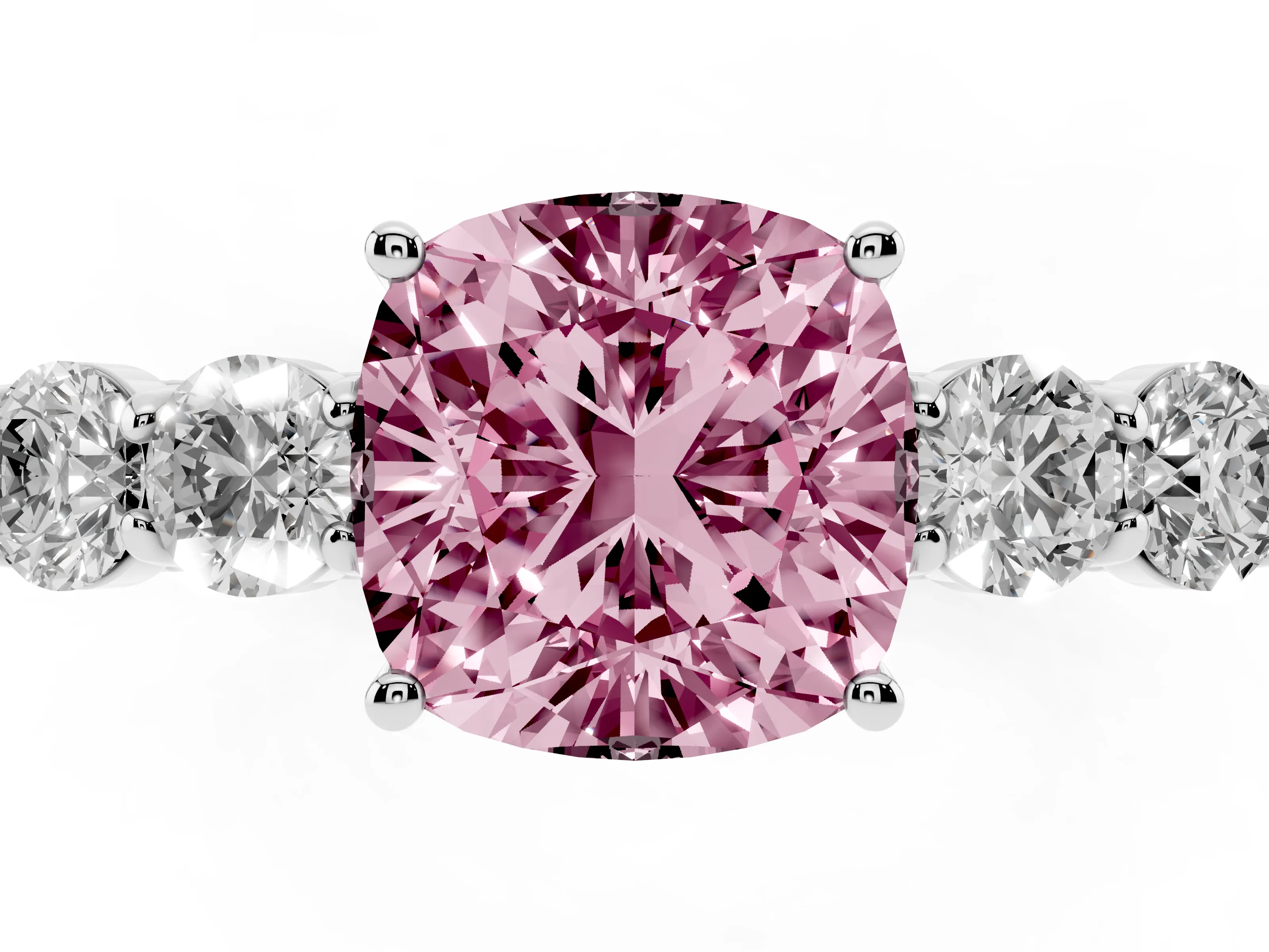 Fancy Pink Cushion Cut Diamond Five-Stone Prong Set Band Ring Set in White gold with Polished Band