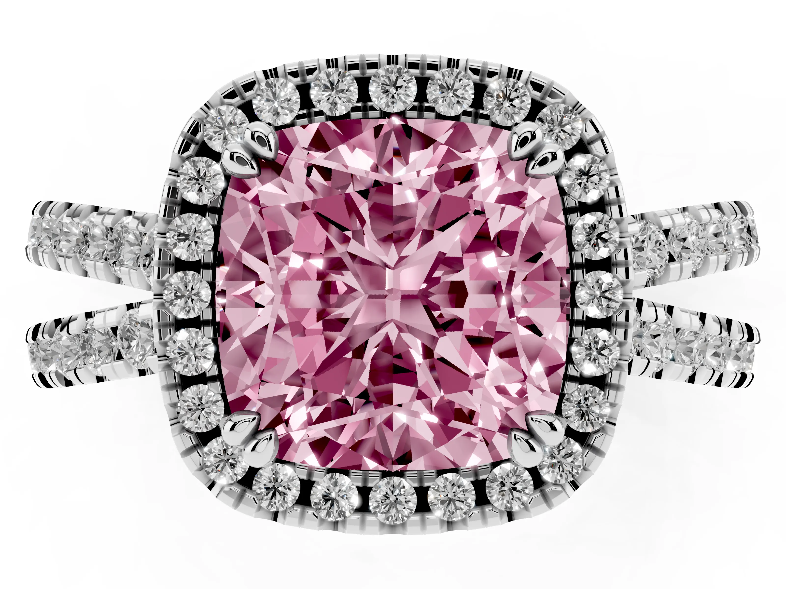 Fancy Pink Cushion Cut Diamond Halo Split Shank Ring Set in Silver with Pavé Setting