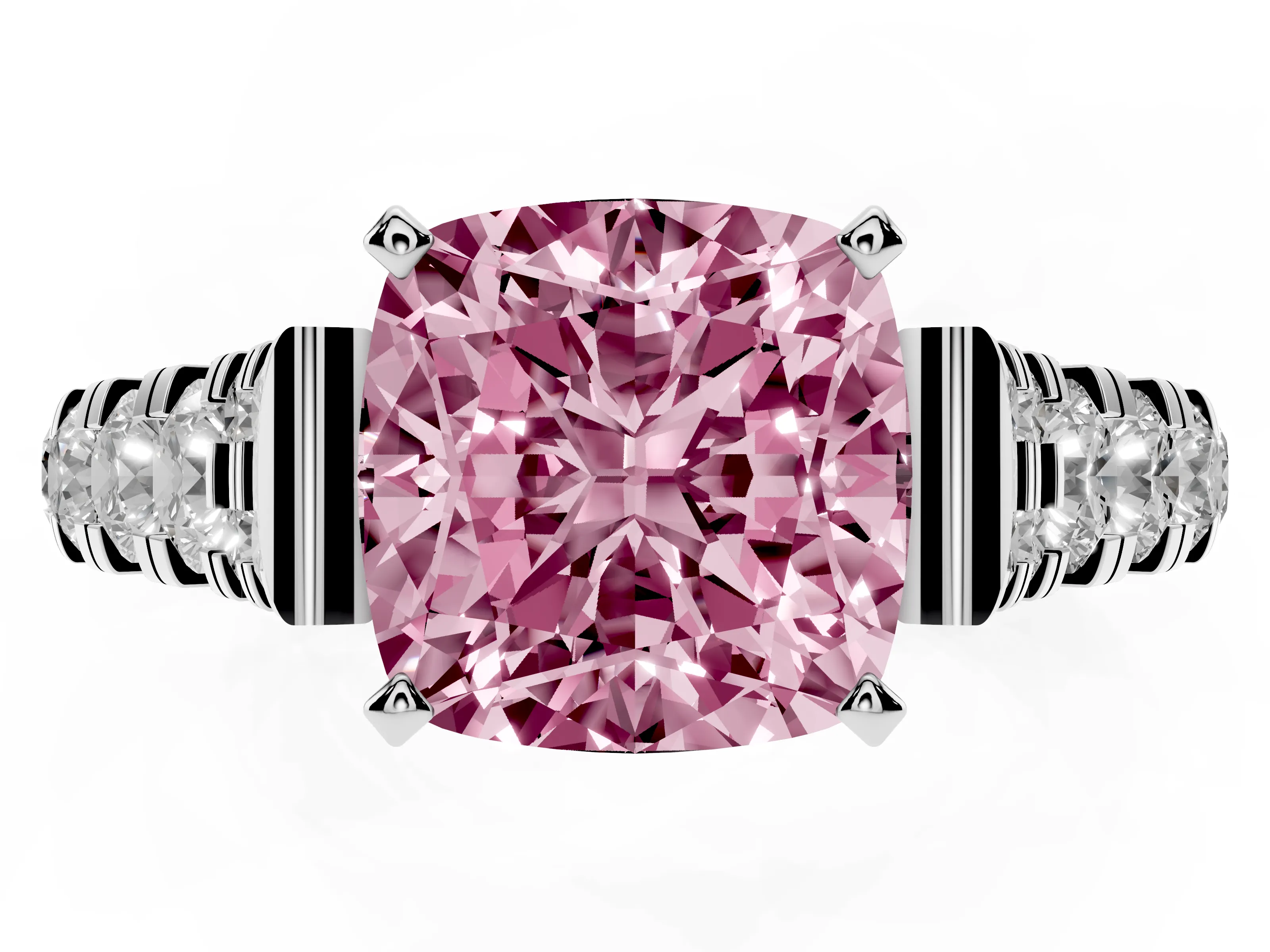 Fancy Pink Cushion Cut Diamond Classic Solitaire Ring Set in White gold with Pavé Band and Prong Setting