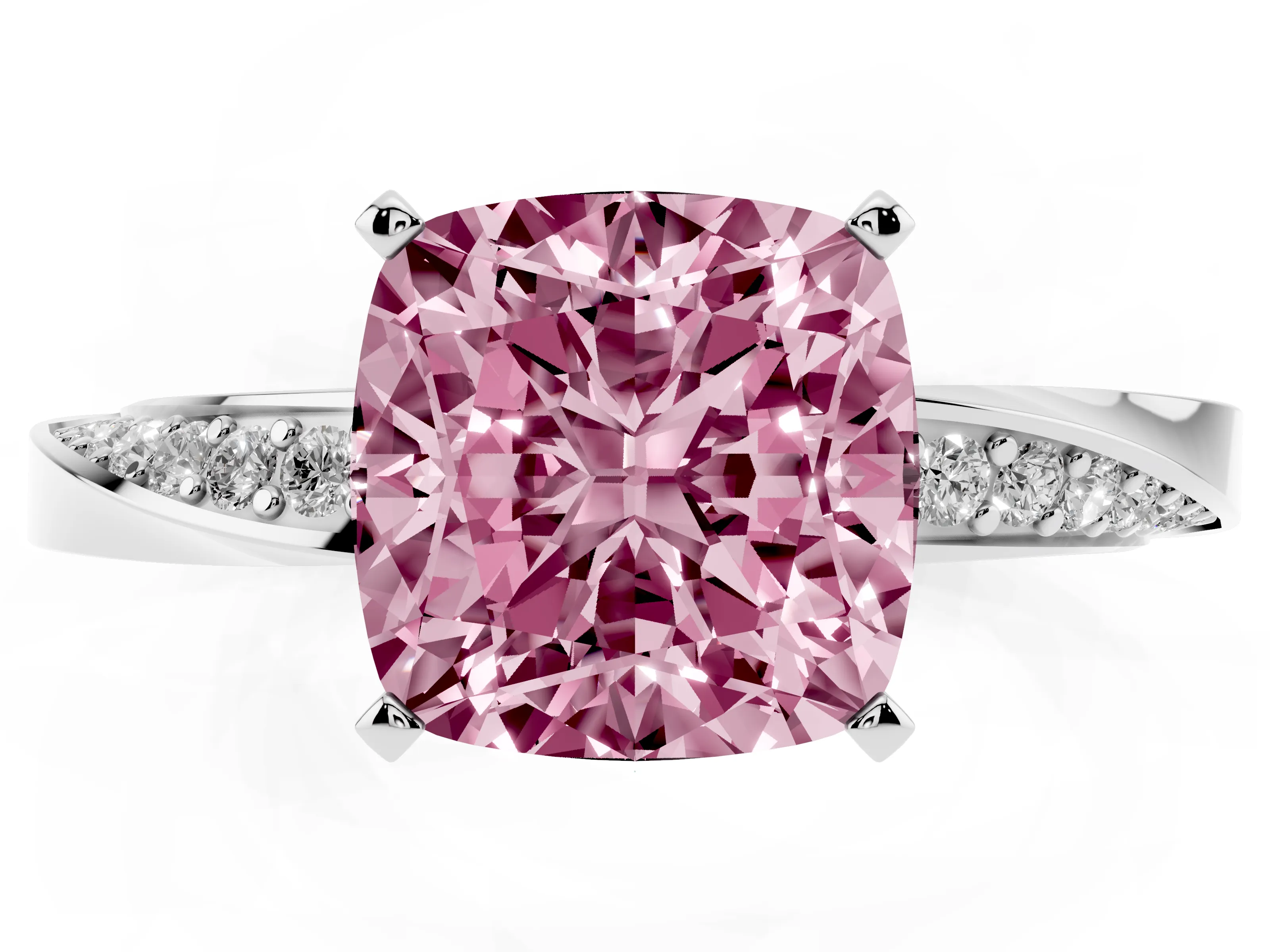 Fancy Pink Cushion Cut Diamond Engagement Ring Set in Platinum with Side Stone Accents and Prong Setting