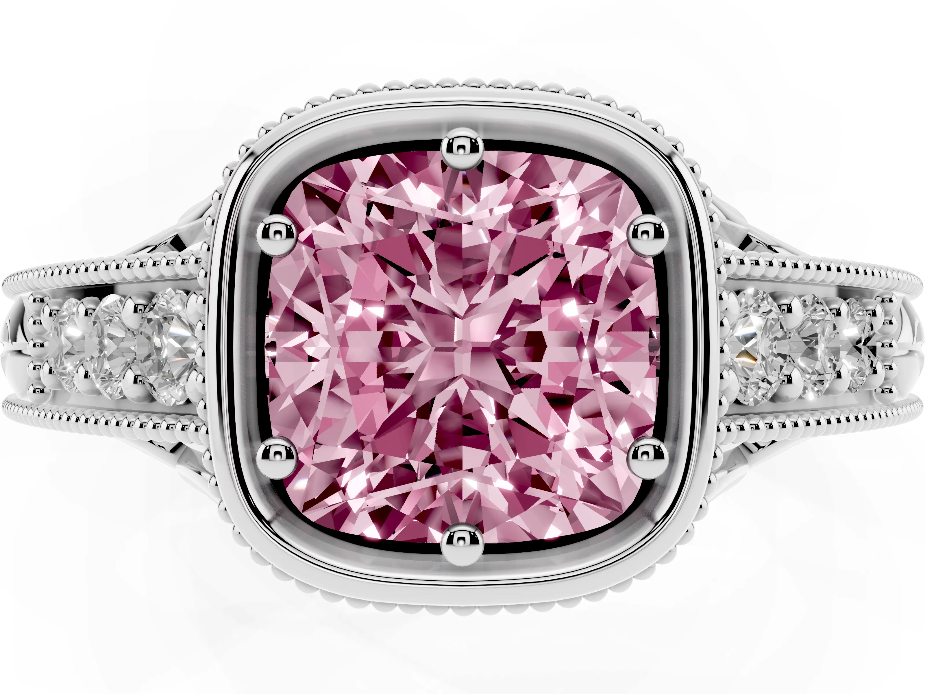 Fancy Pink Bezel Set Cushion Cut Diamond Milgrain Pavé Engagement Ring Set in Silver