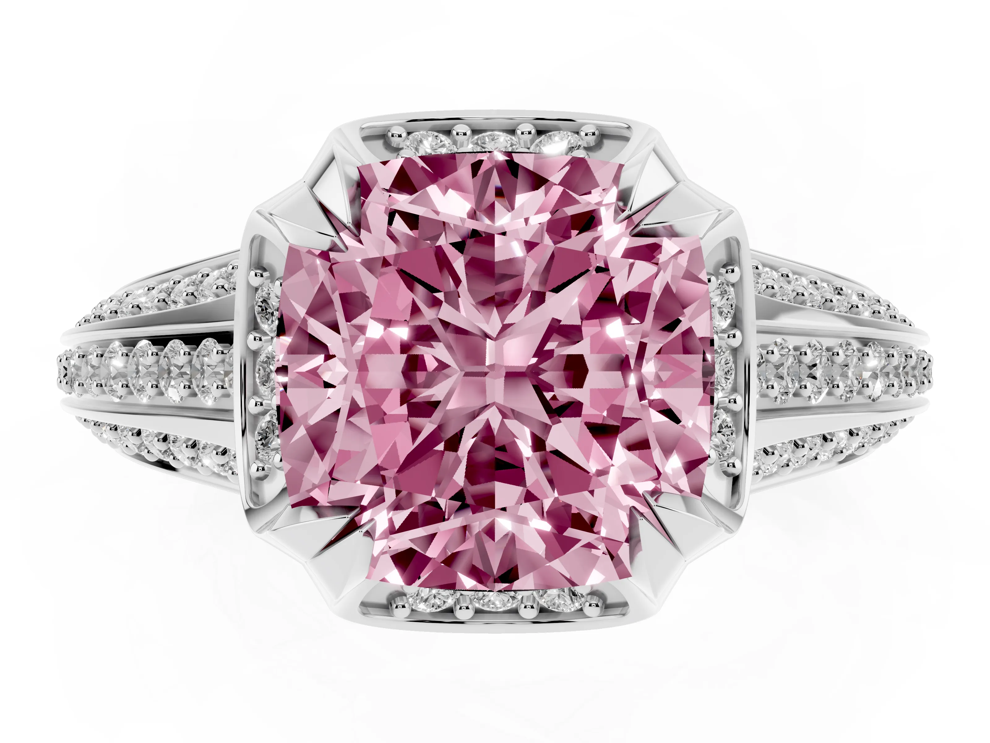 Fancy Pink Cushion Cut Diamond Pavé Split Shank Solitaire Ring Set in Platinum with Prong Setting