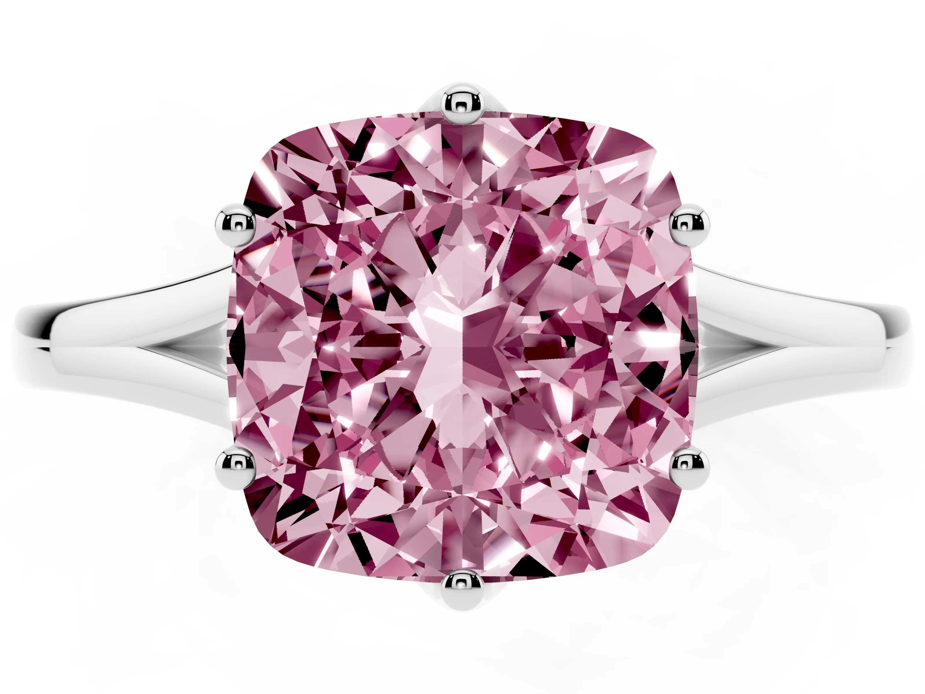 Fancy Pink Cushion Cut Diamond Solitaire Ring Set in Silver with Polished Tapered Band and Prong Setting