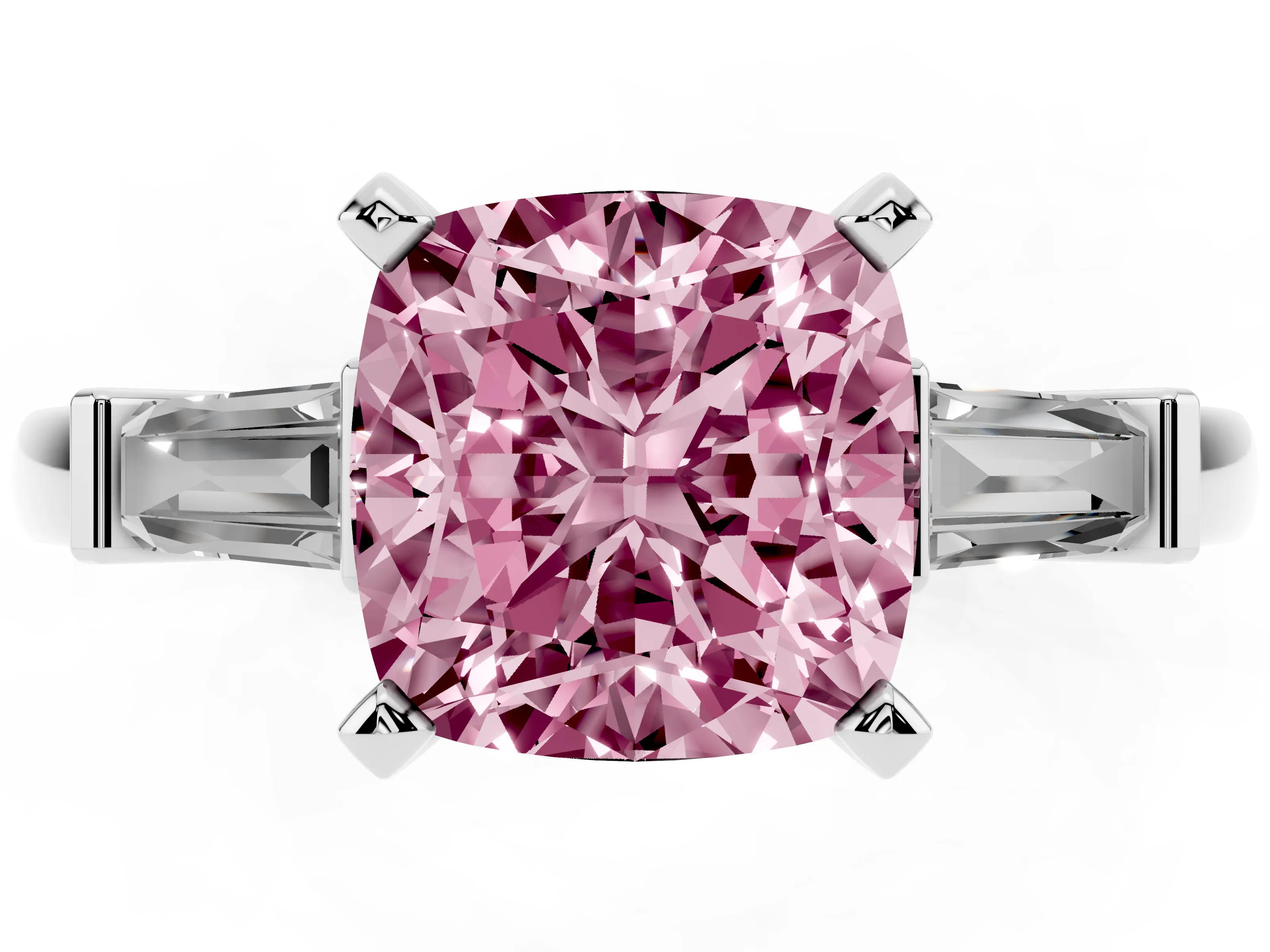 Fancy Pink Cushion Cut Diamond Solitaire Ring Set in Silver with Tapered Baguette Accents and Prong Setting