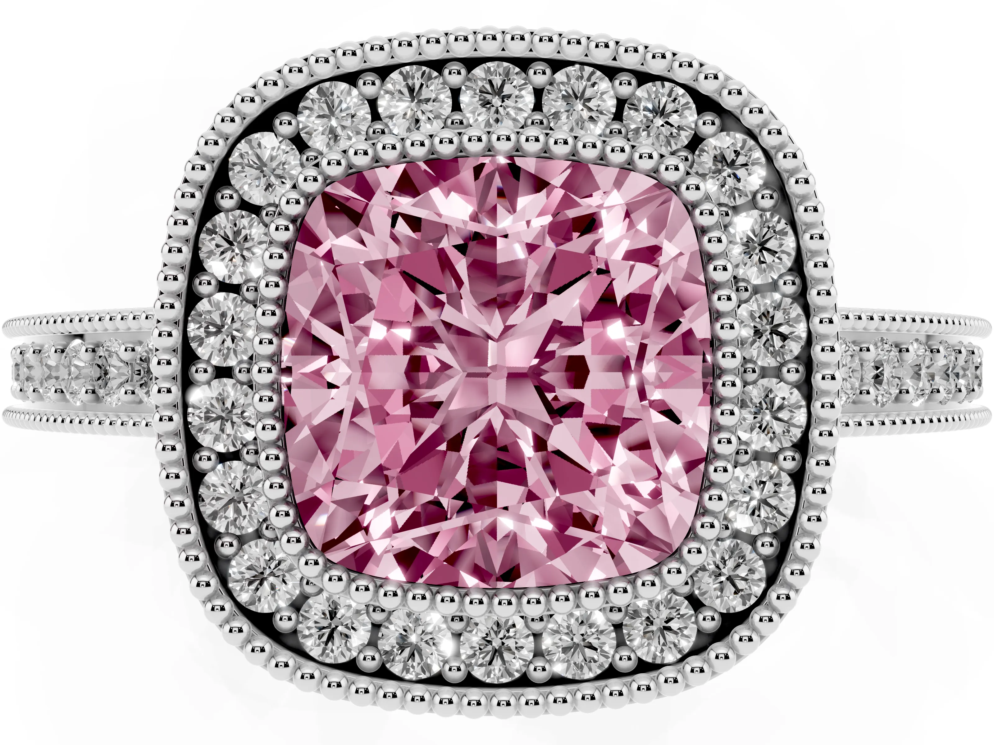Fancy Pink Cushion Cut Diamond Round Halo Ring Set in White gold with Pavé Band