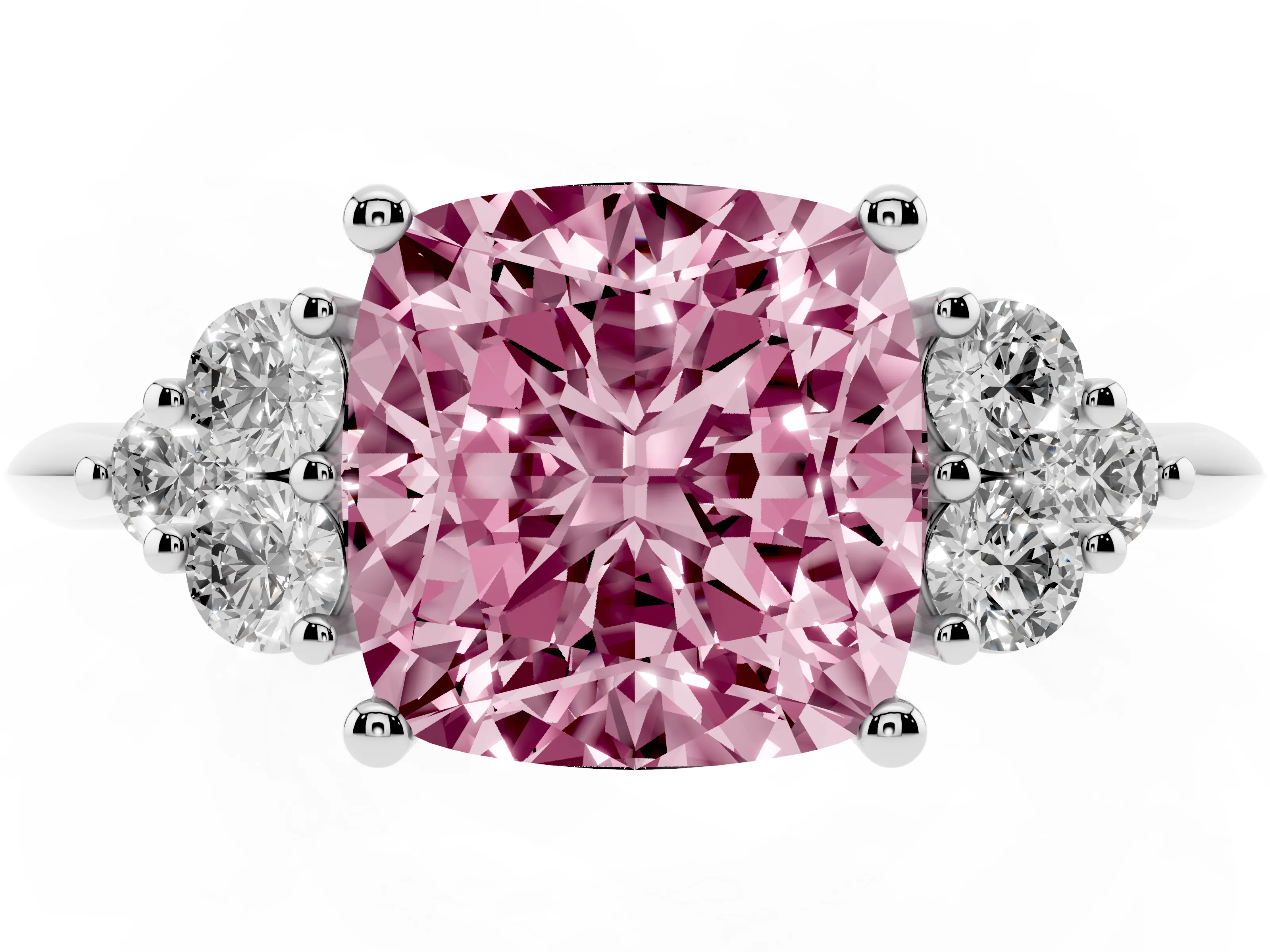 Fancy Pink Cushion Cut Diamond Cluster Ring Set in White gold with Plain Band and Prong Setting