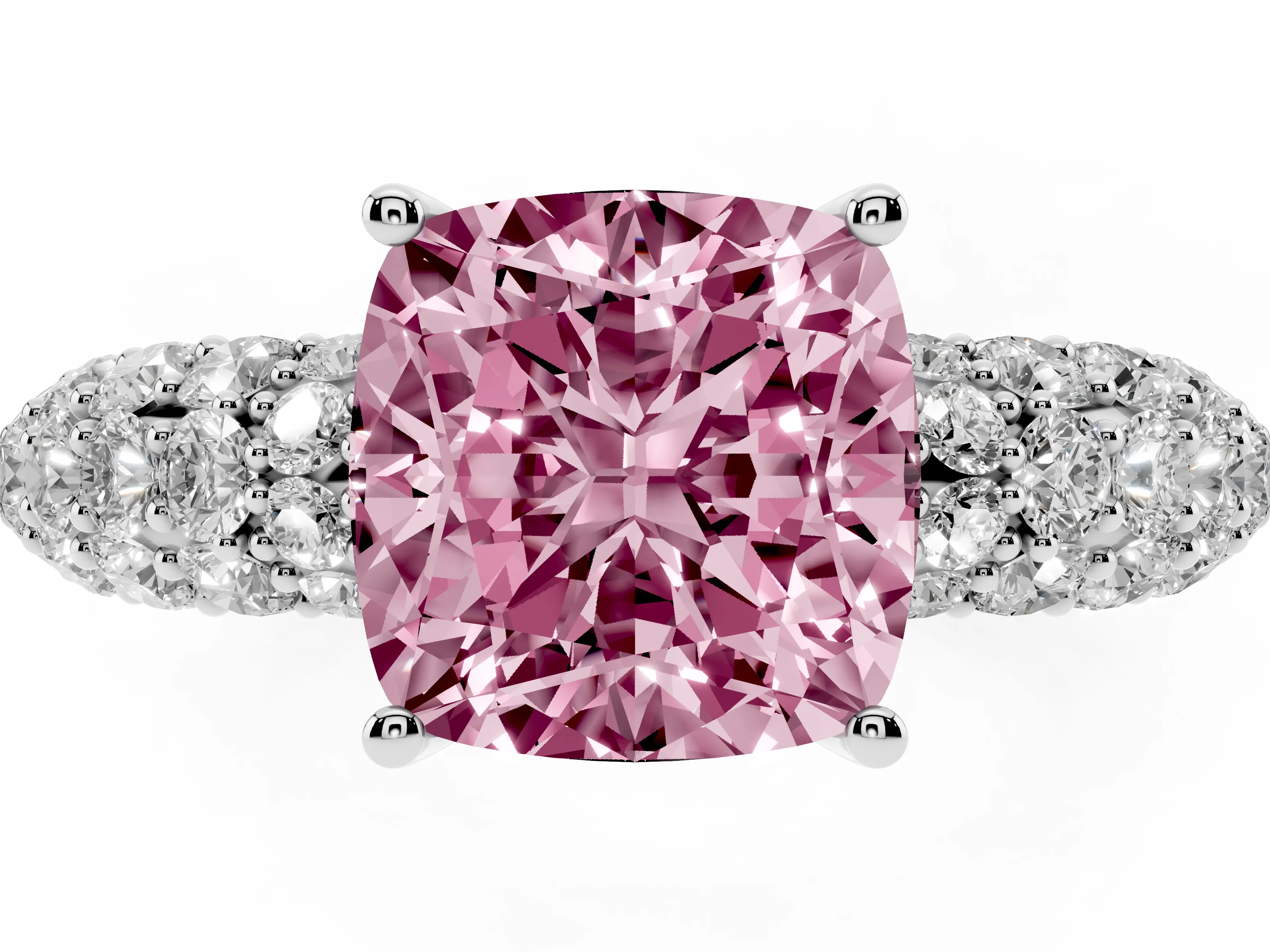 Fancy Pink Cushion Cut Diamond Pavé Band Solitaire Ring Set in White gold with Close-Set Accent Stones and Prong Setting