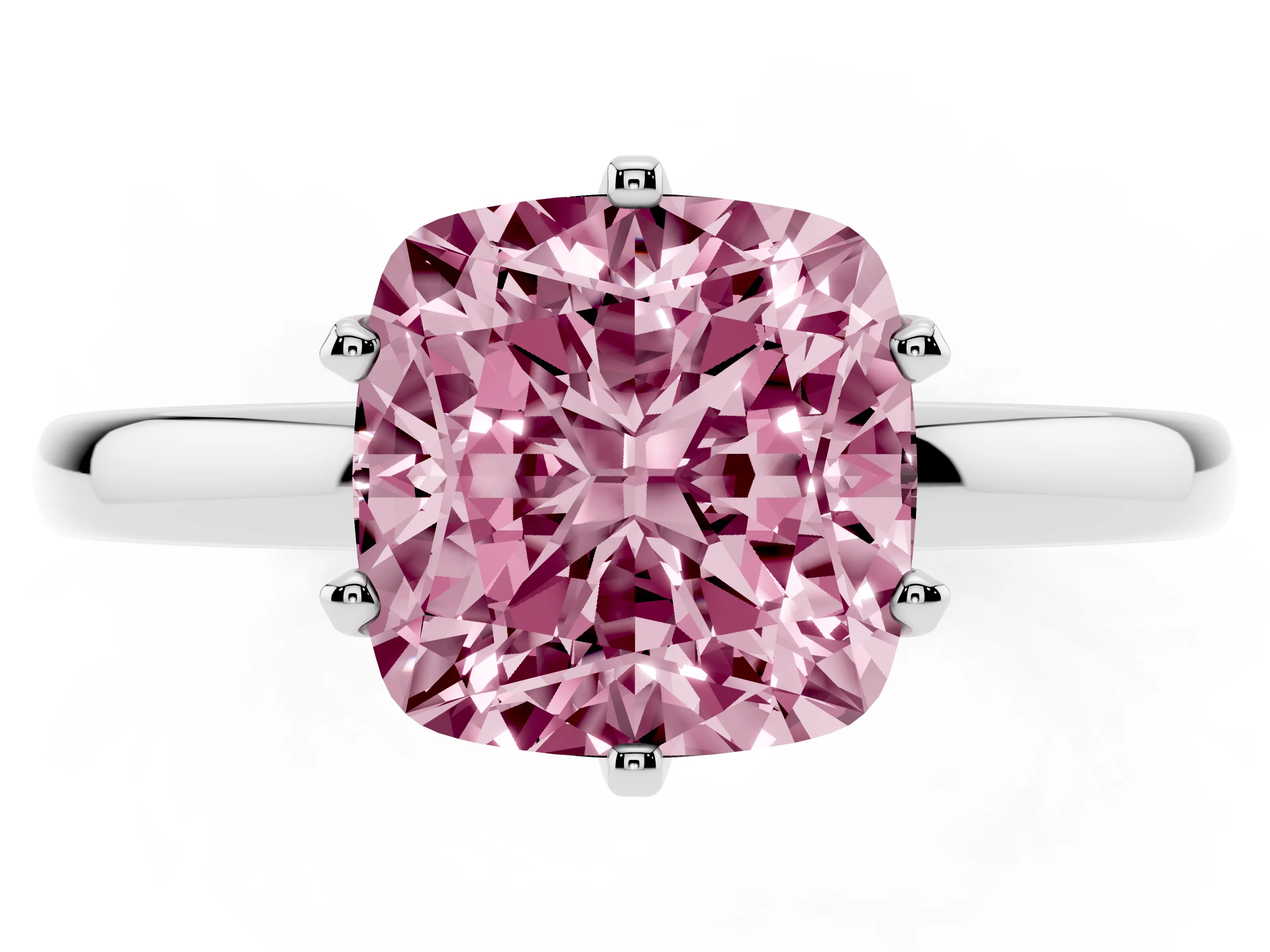 Fancy Pink Cushion Cut Diamond Solitaire Ring Set in Silver with Raised Prong Setting on a Classic Band
