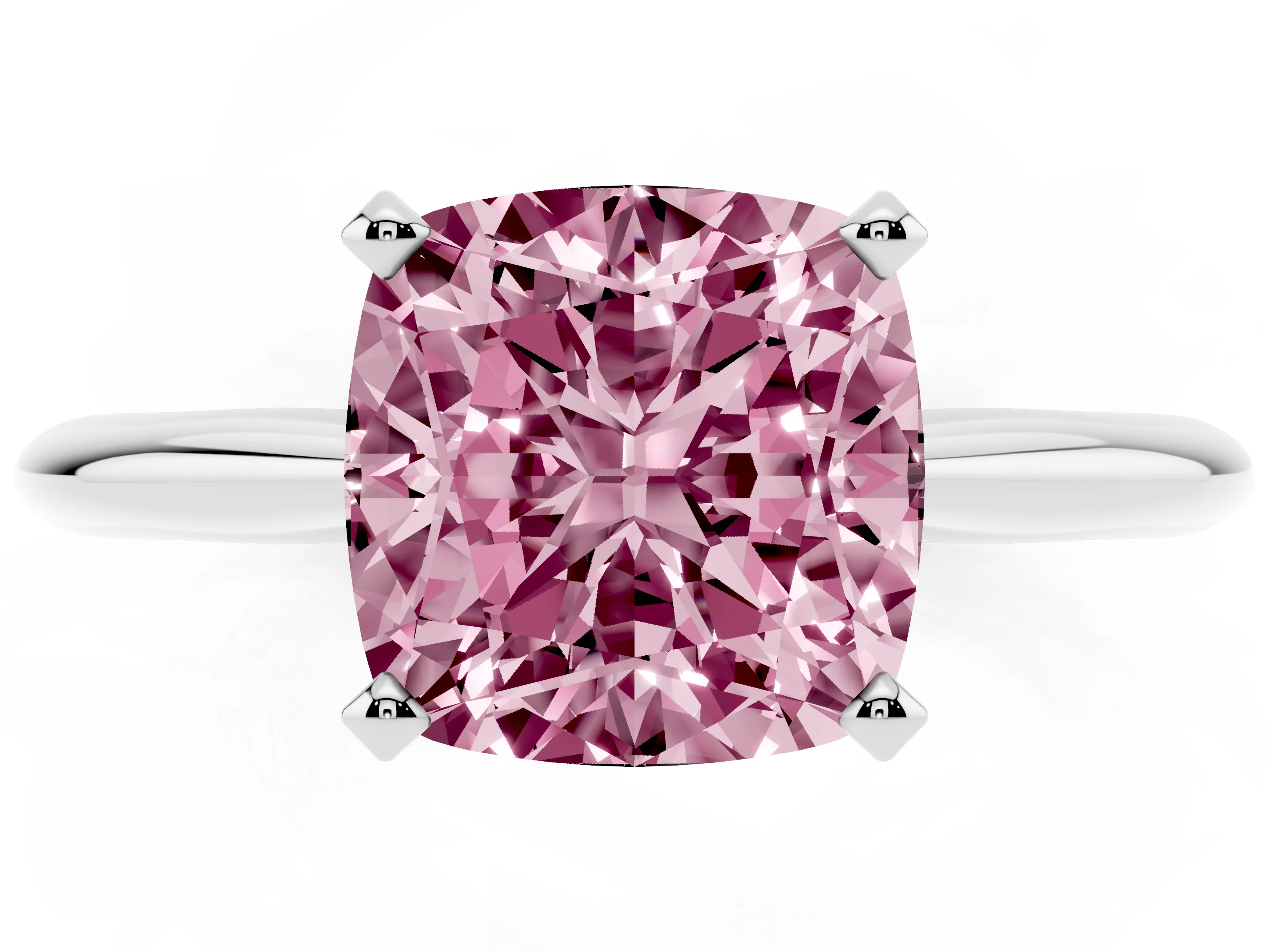 Fancy Pink Cushion Cut Diamond Solitaire Ring Set in Platinum with Prong Setting on a Plain Round Band