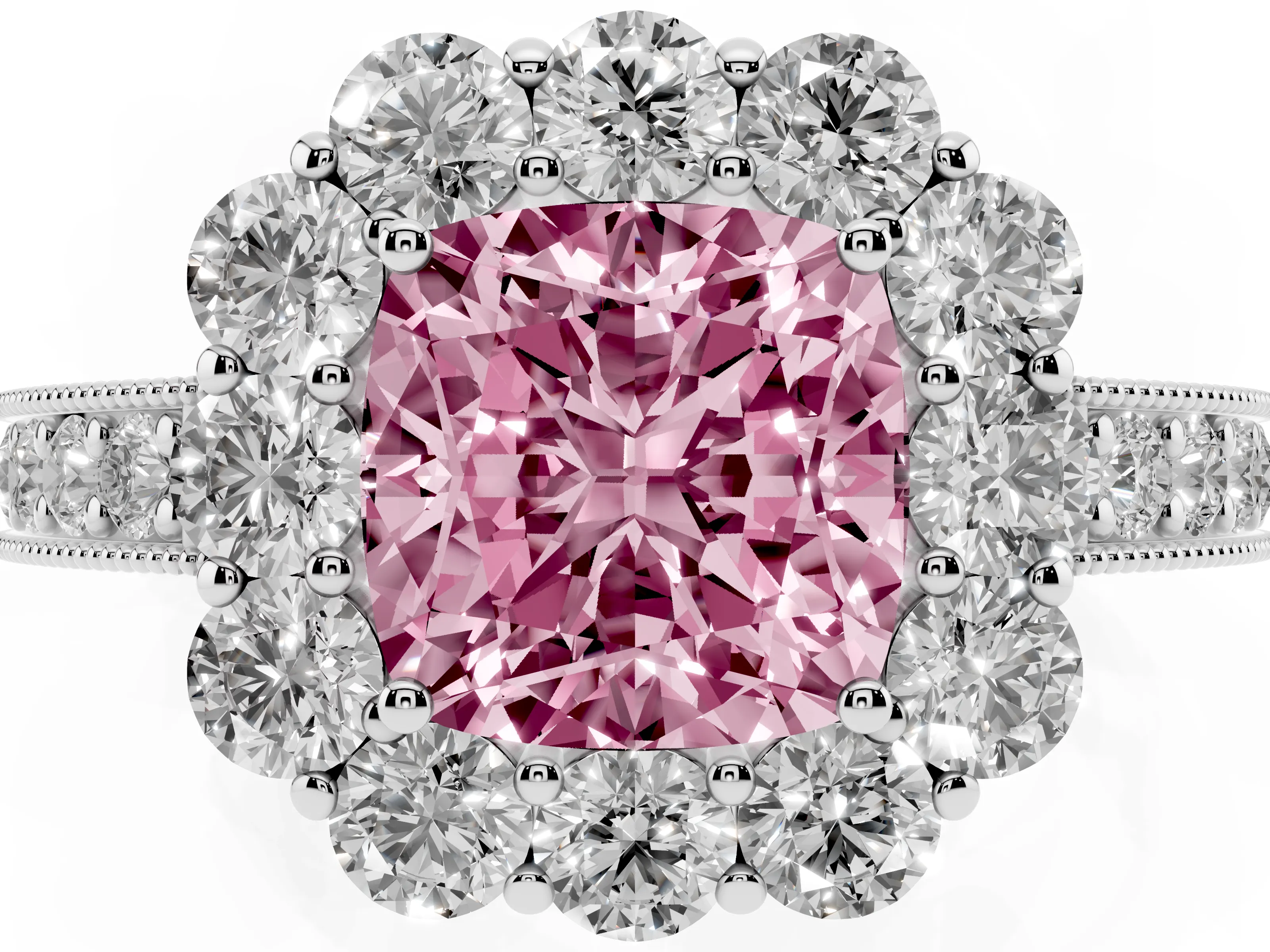 Fancy Pink Cushion Cut Diamond Halo Pavé Engagement Ring Set in Silver with Milgrain Detailing