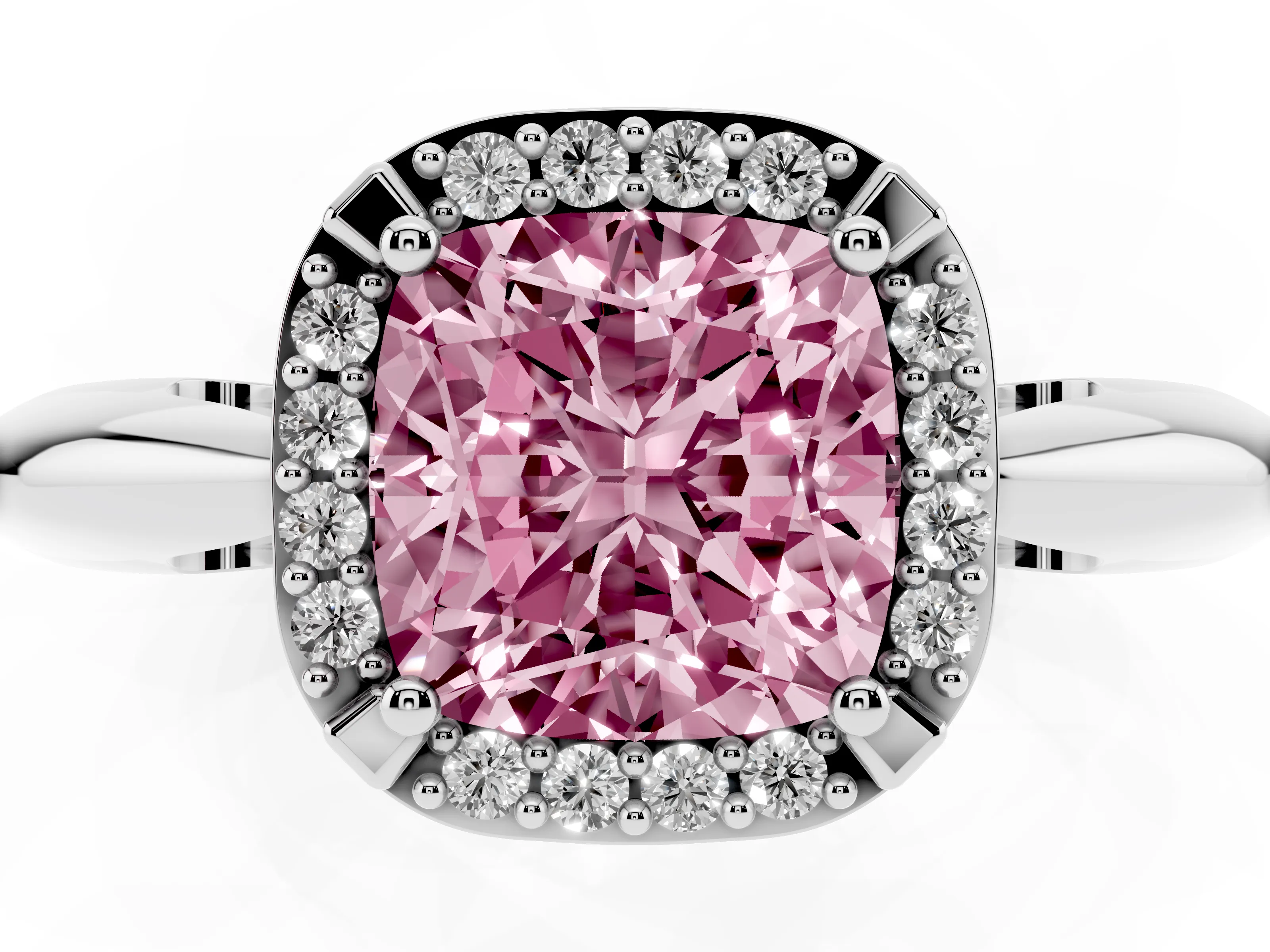 Fancy Pink Cushion Cut Diamond Halo Engagement Ring Set in White gold with Plain Split Shank and Prong Setting