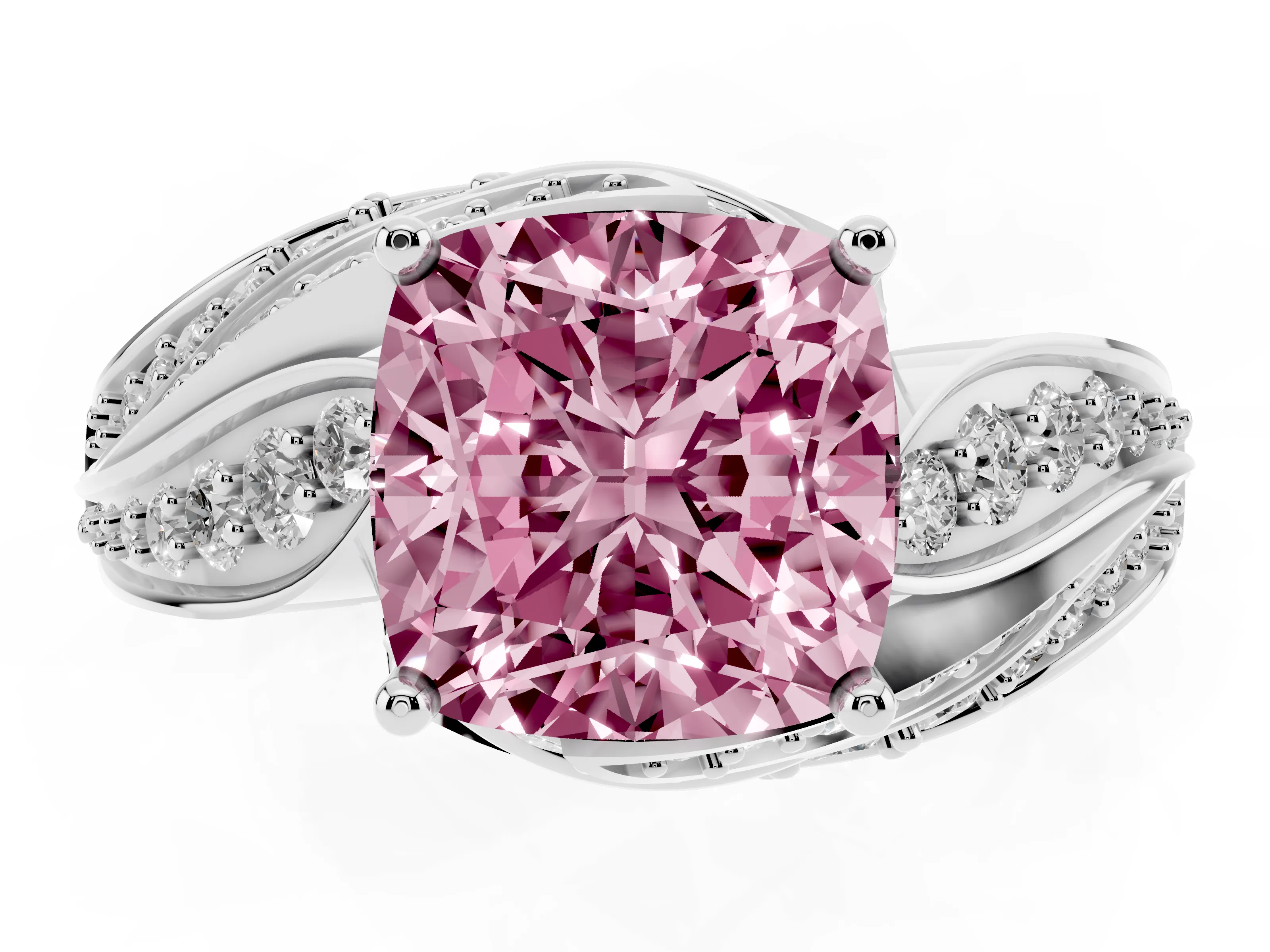 Fancy Pink Cushion Cut Diamond Solitaire Ring Set in White gold with Layered Twist Pavé Band