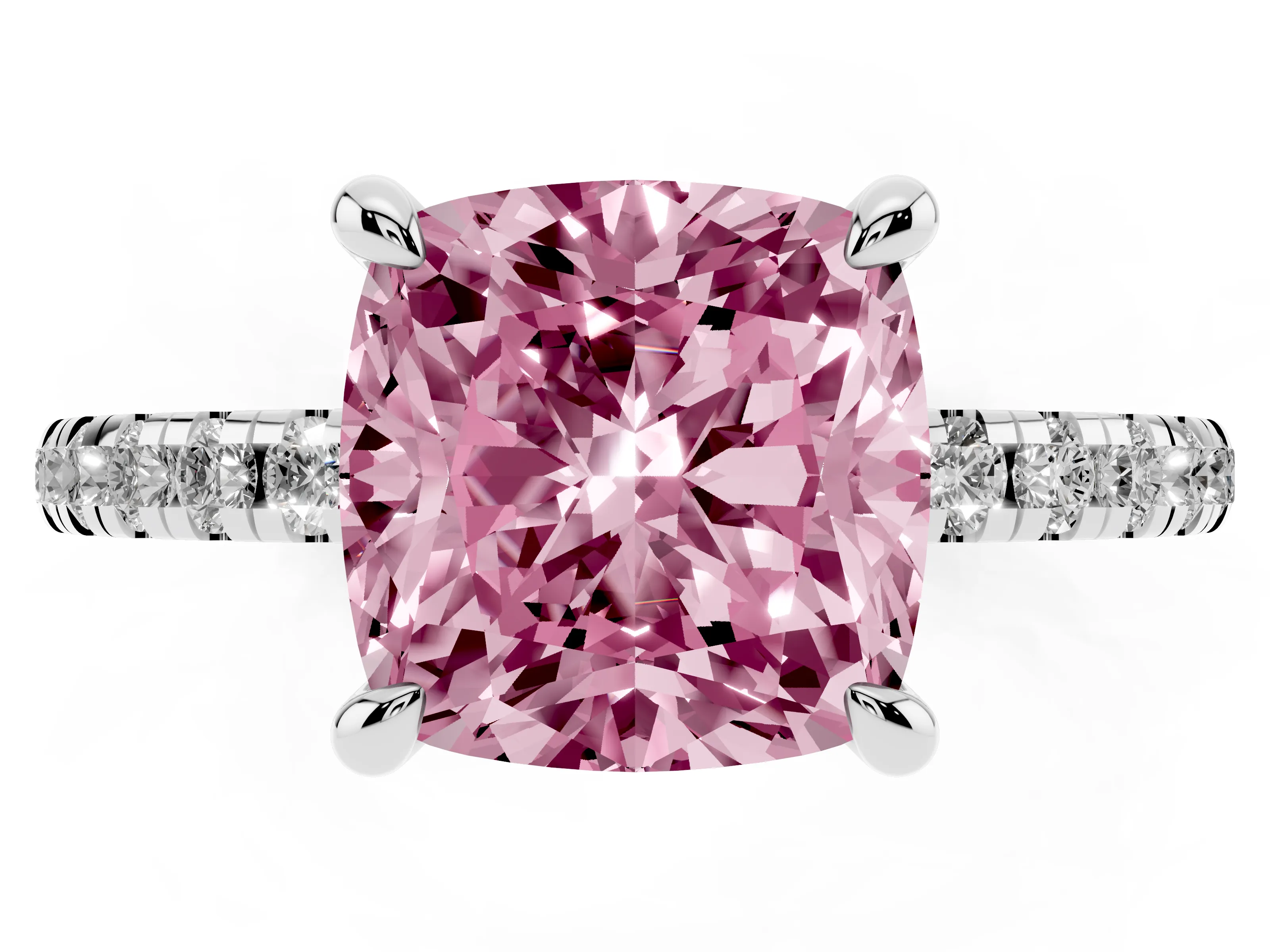 Fancy Pink Cushion Cut Diamond Brilliant Solitaire Ring Set in Silver with Pavé Band and Prong Setting