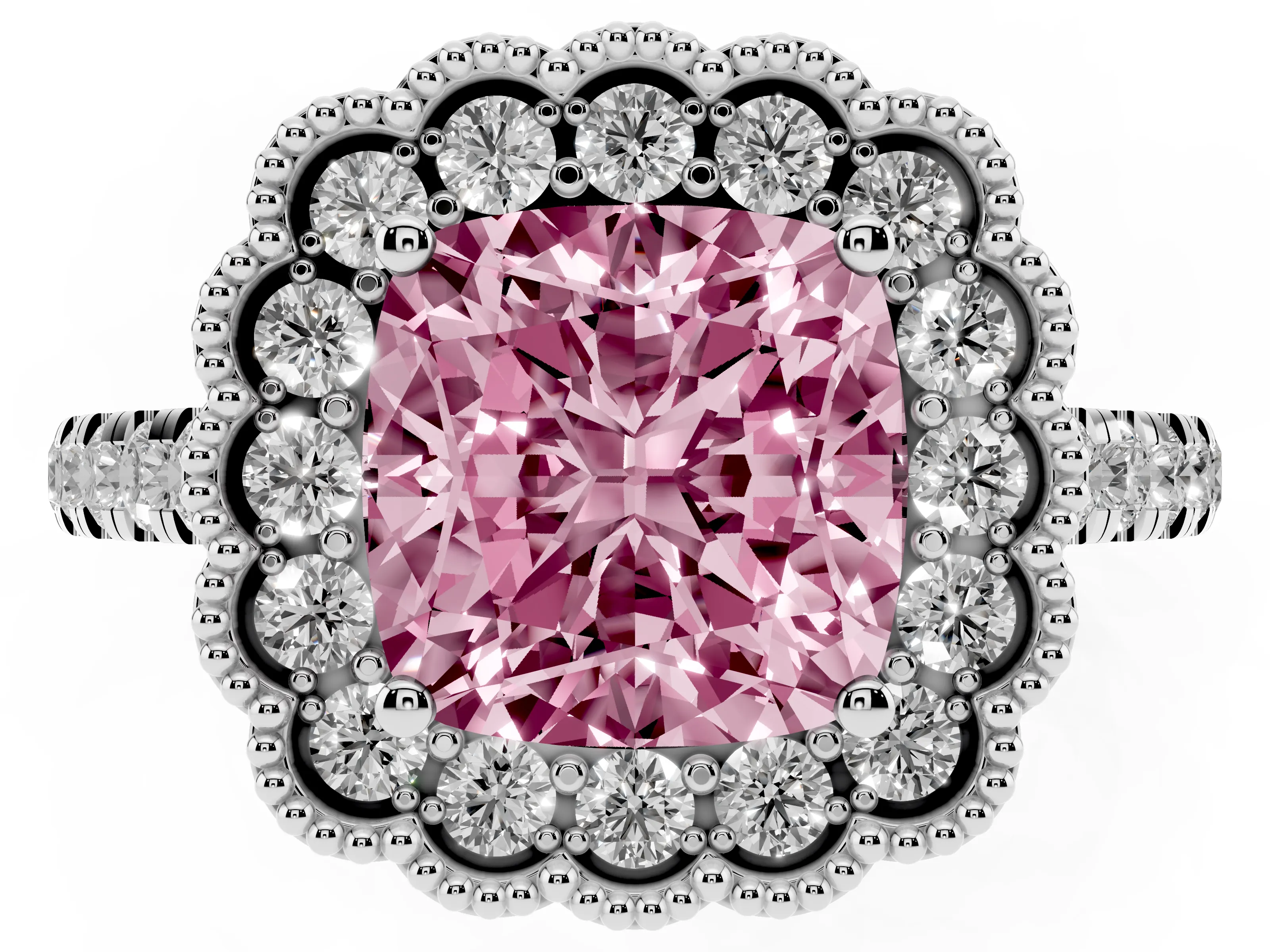 Fancy Pink Cushion Cut Diamond Milgrain Floral Halo Engagement Ring Set in White gold with Pavé Band