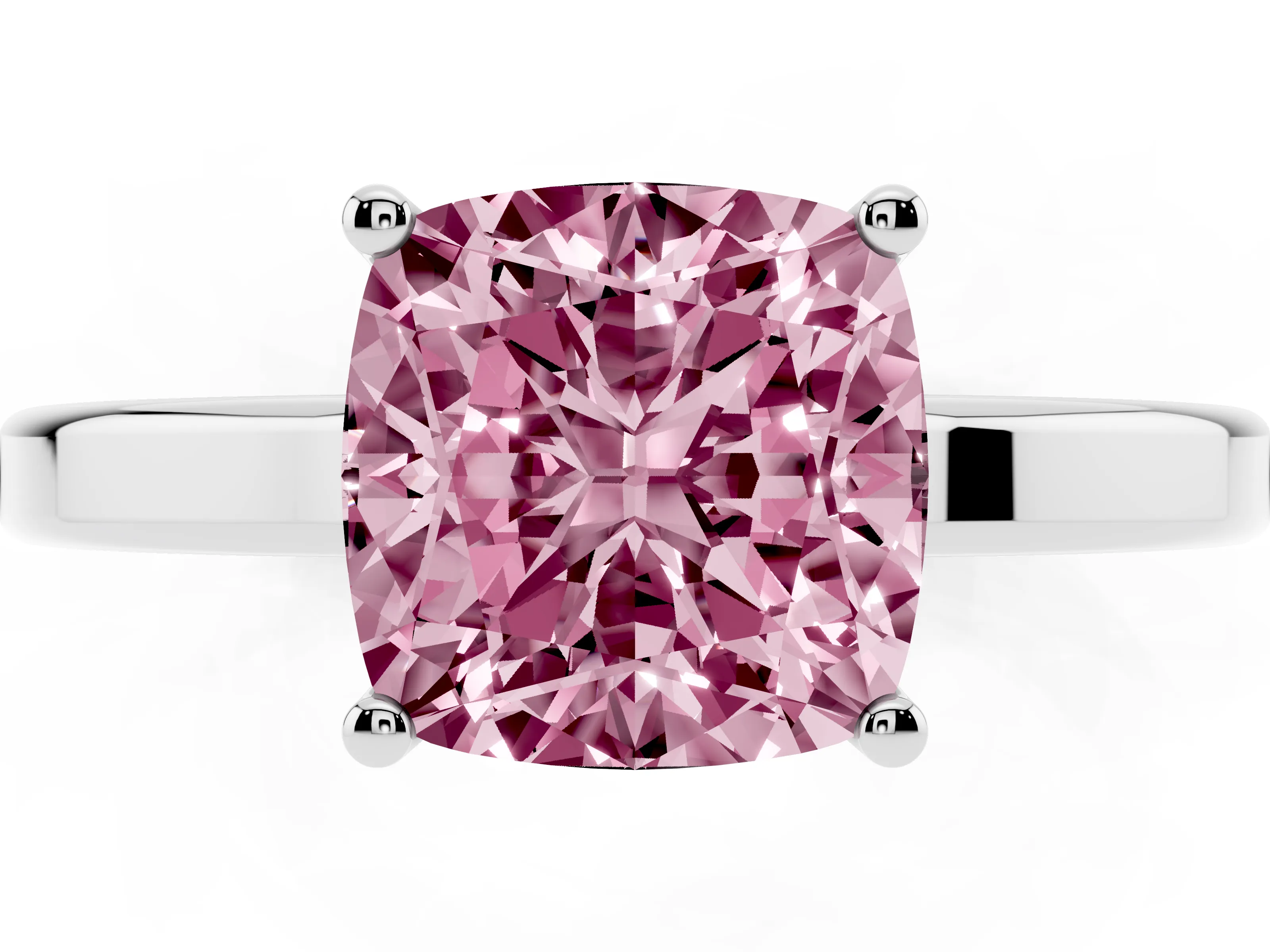 Fancy Pink Cushion Cut Diamond Solitaire Engagement Ring Set in White gold with Prong Setting on a Plain Band