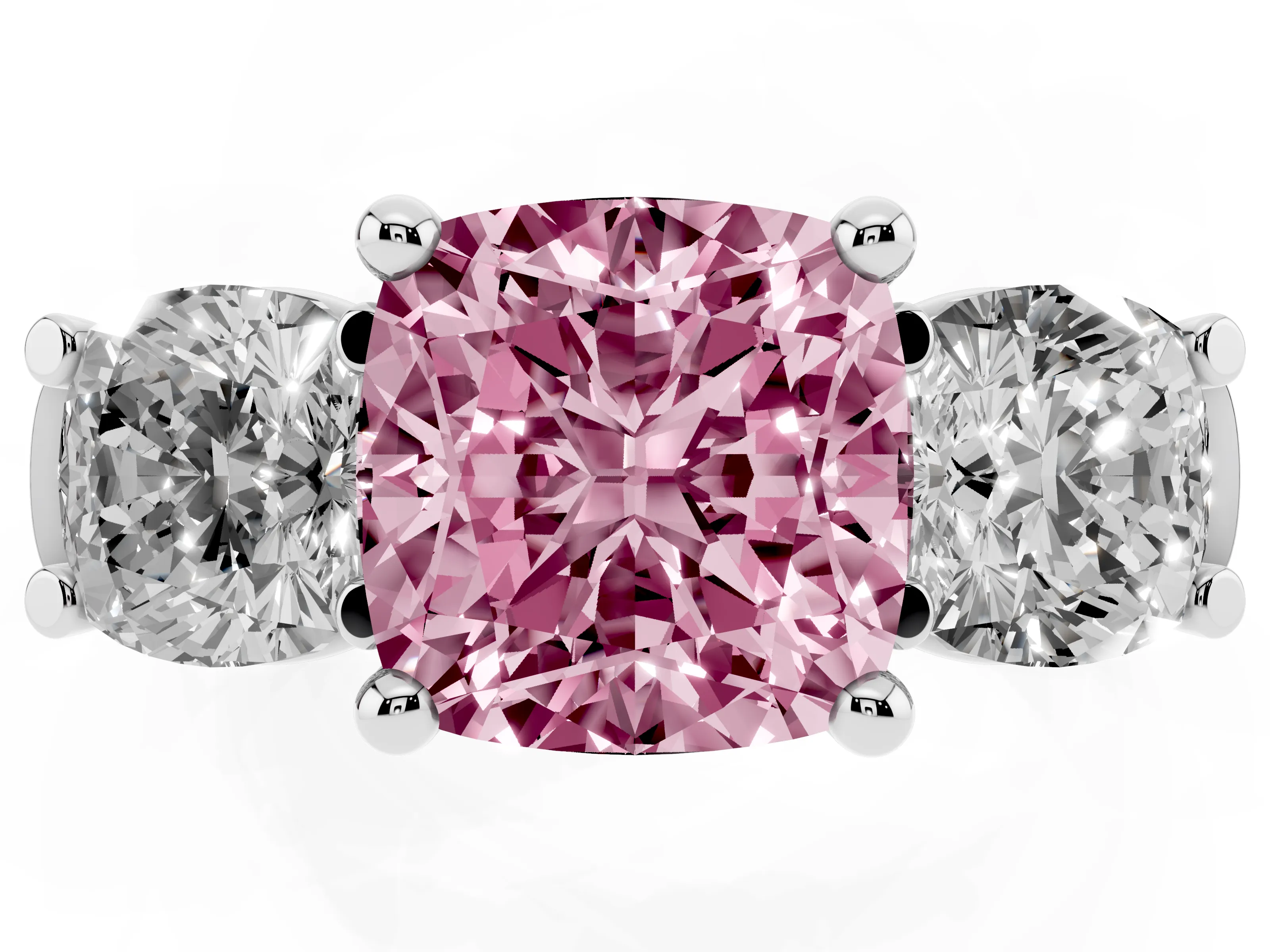 Fancy Pink Cushion Cut Diamond Three-Stone Trellis Ring Set in Platinum with Comfort Fit Band