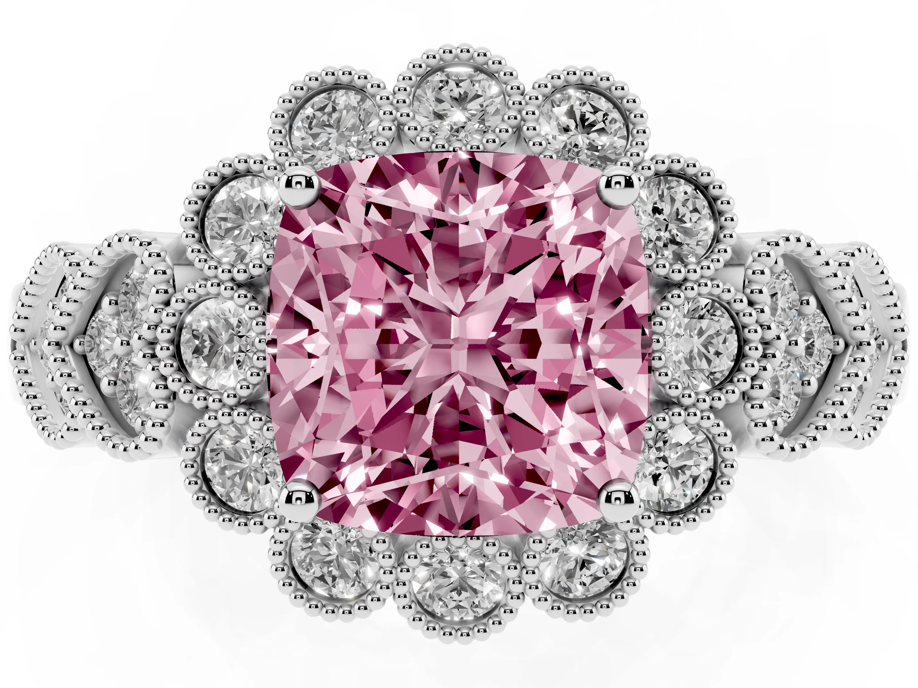 Fancy Pink Cushion Cut Diamond Solitaire Ring Set in Silver with Milgrain Pavé Heart Band