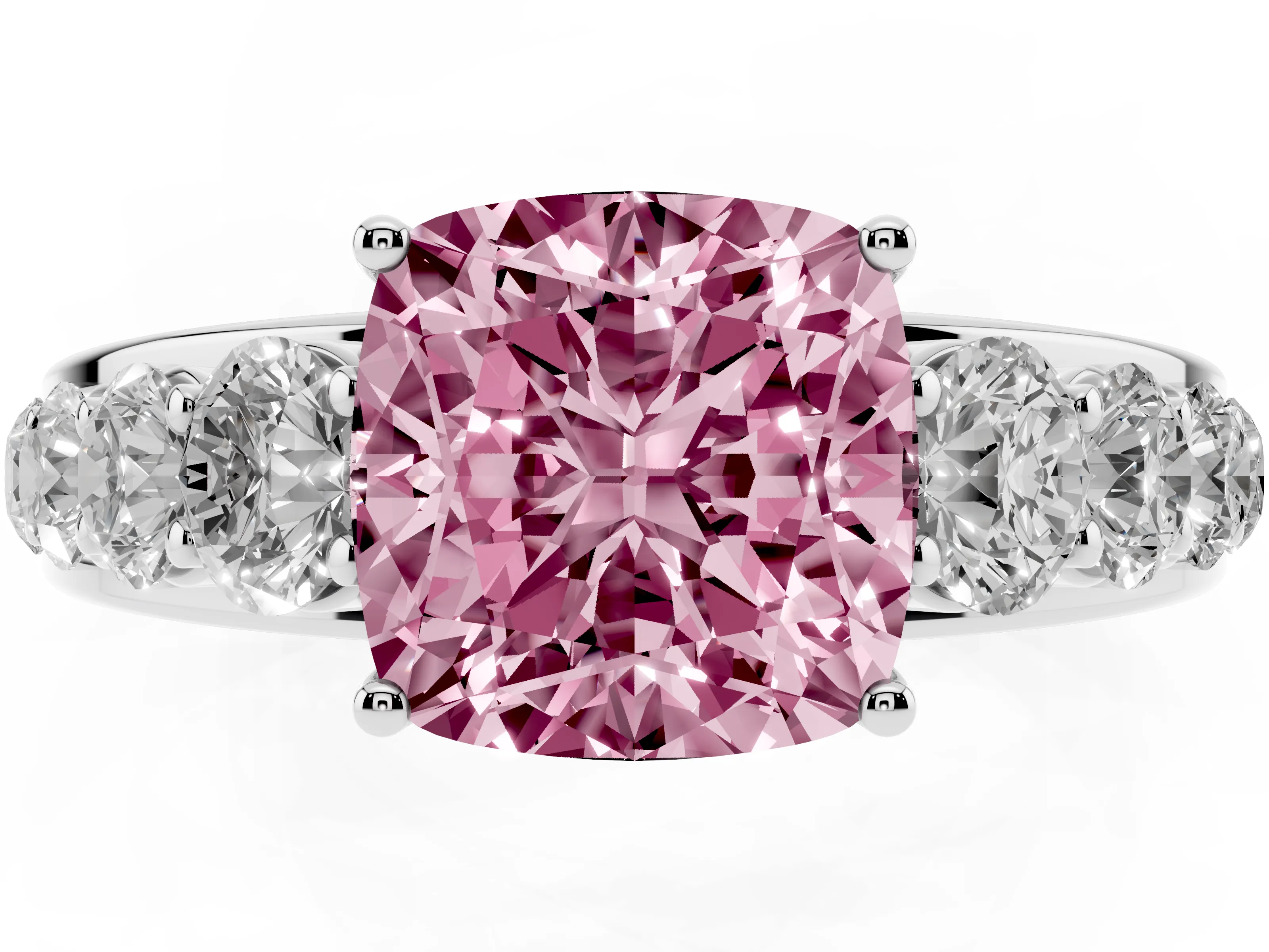 Fancy Pink Cushion Cut Diamond Solitaire Ring Set in Silver with Pavé-Set Band and Prong Setting