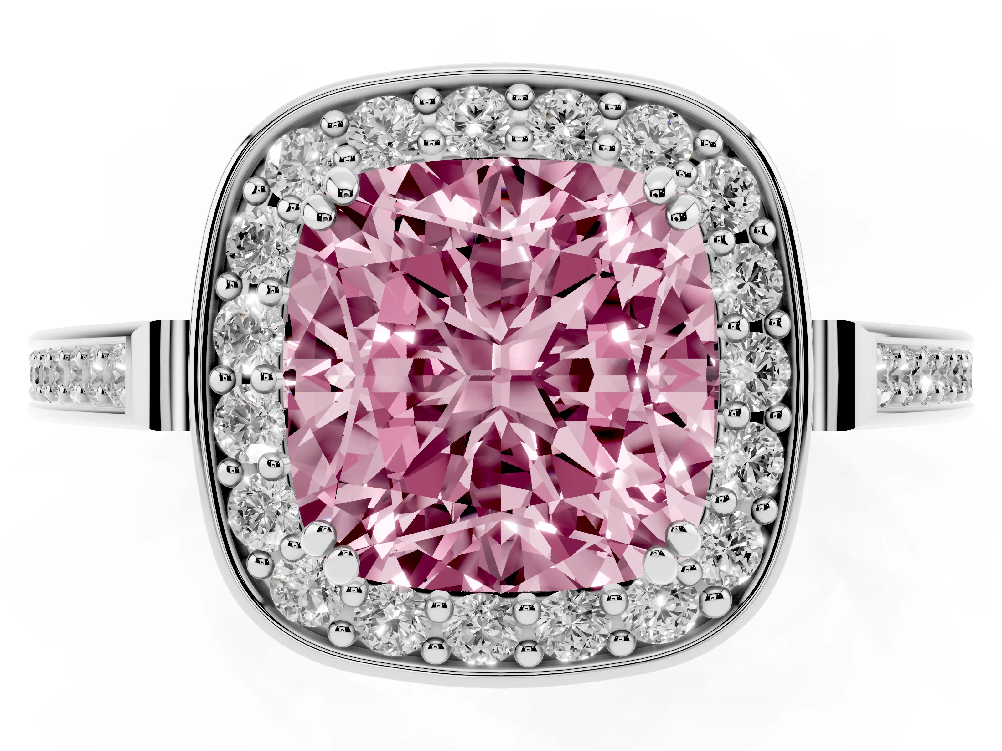 Fancy Pink Cushion Cut Diamond Halo Ring Set in Platinum with Accent-Lined Split Shank and Prong Setting