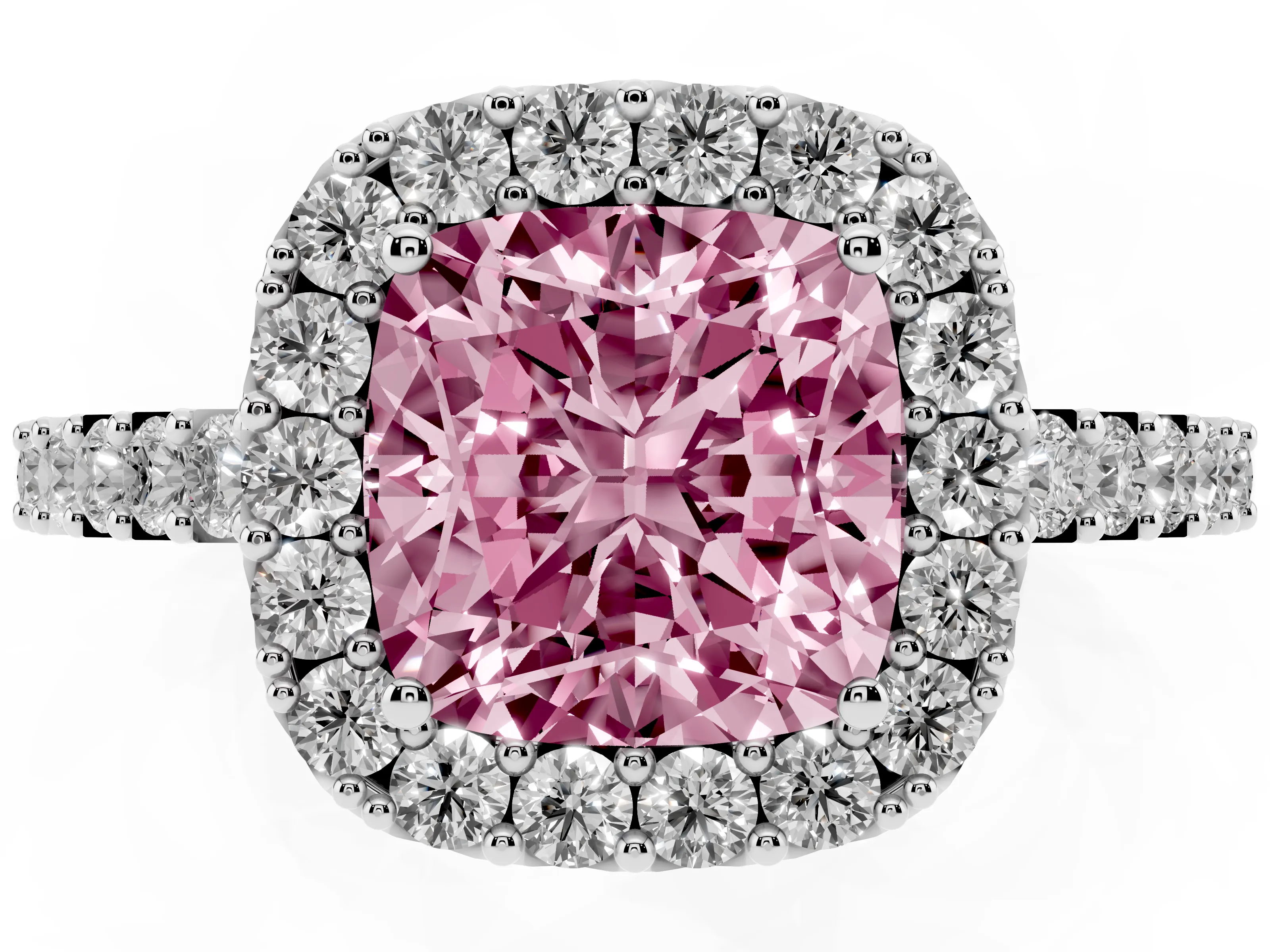 Fancy Pink Cushion Cut Diamond Halo Pavé Solitaire Ring Set in Silver with Prong-Set Center Stone