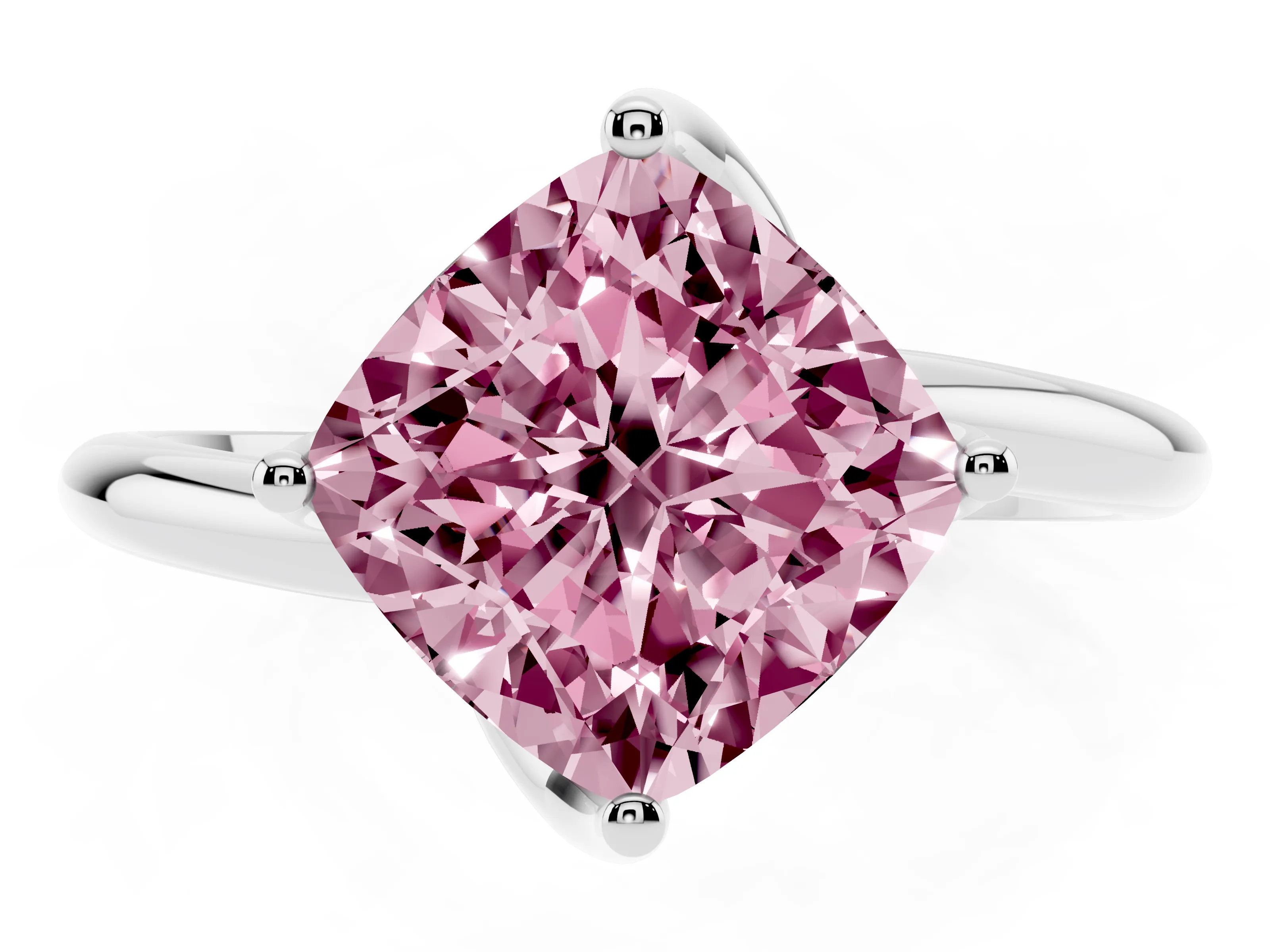 Fancy Pink Cushion Cut Diamond Solitaire Engagement Ring Set in Platinum with Classic Plain Band