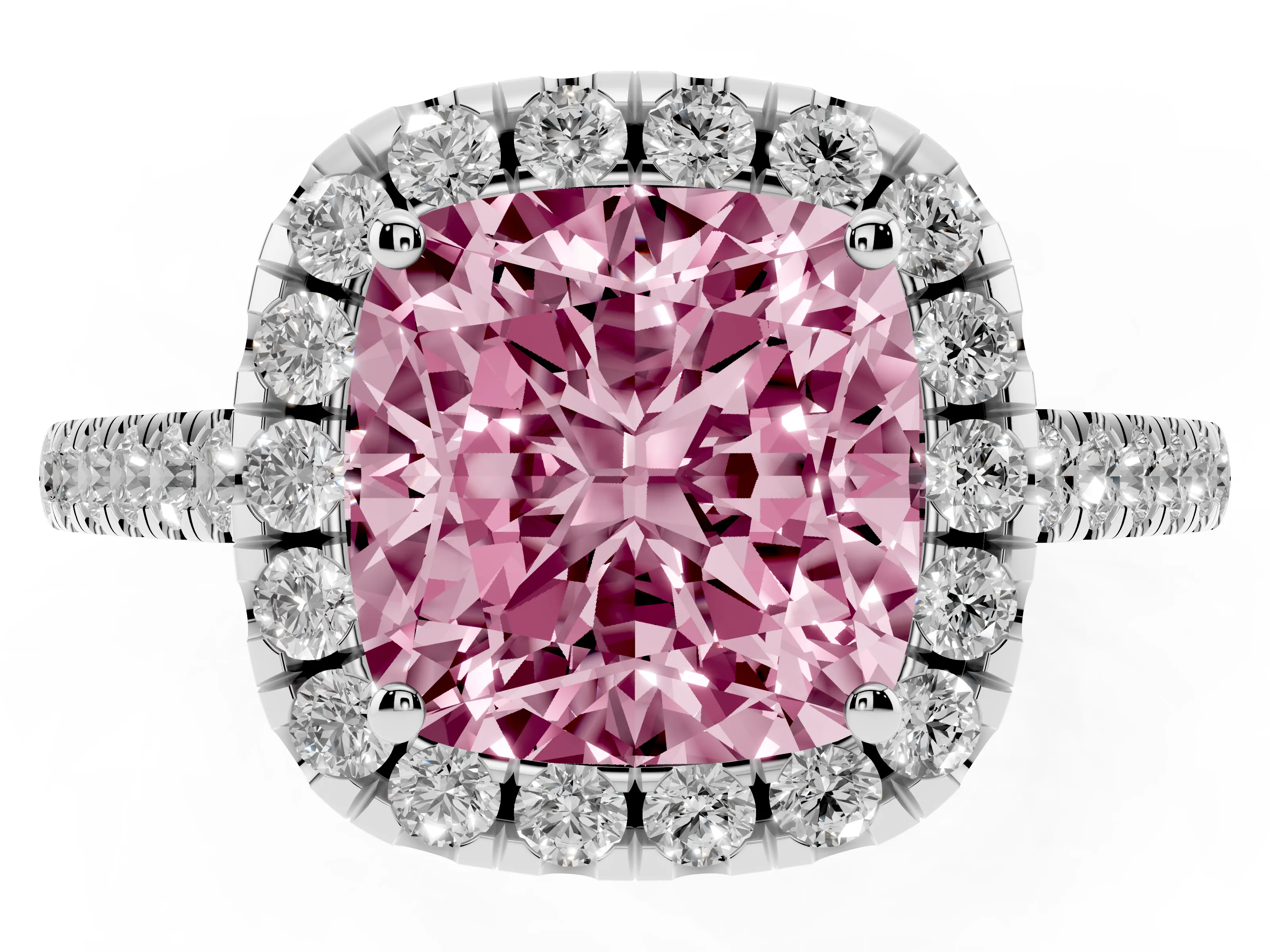 Fancy Pink Cushion Cut Diamond Pavé Halo Engagement Ring Set in Platinum with Pavé Band and Prong Setting