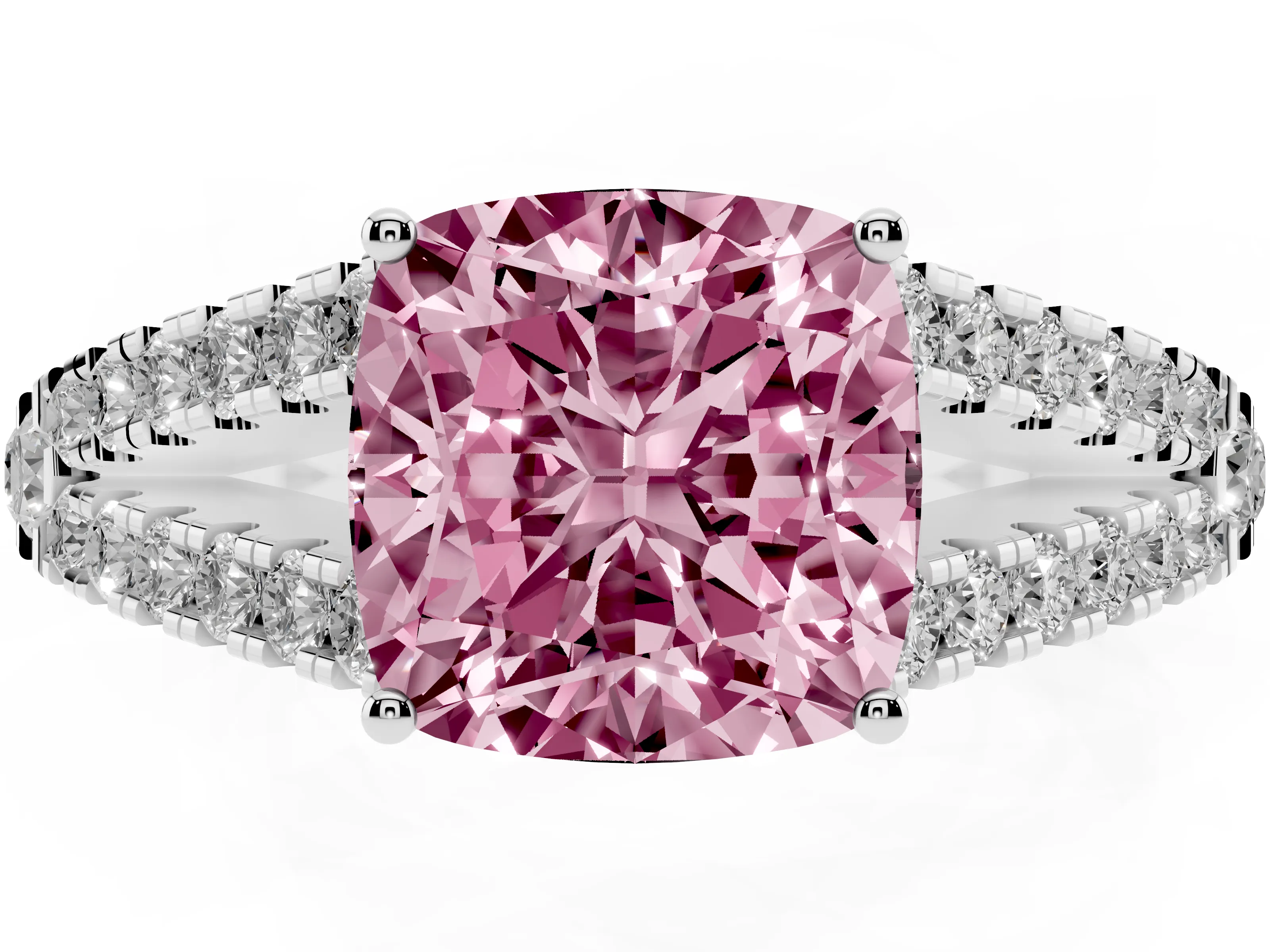 Fancy Pink Cushion Cut Diamond Split Shank Pavé Engagement Ring Set in Platinum with Prong-Held Center Stone