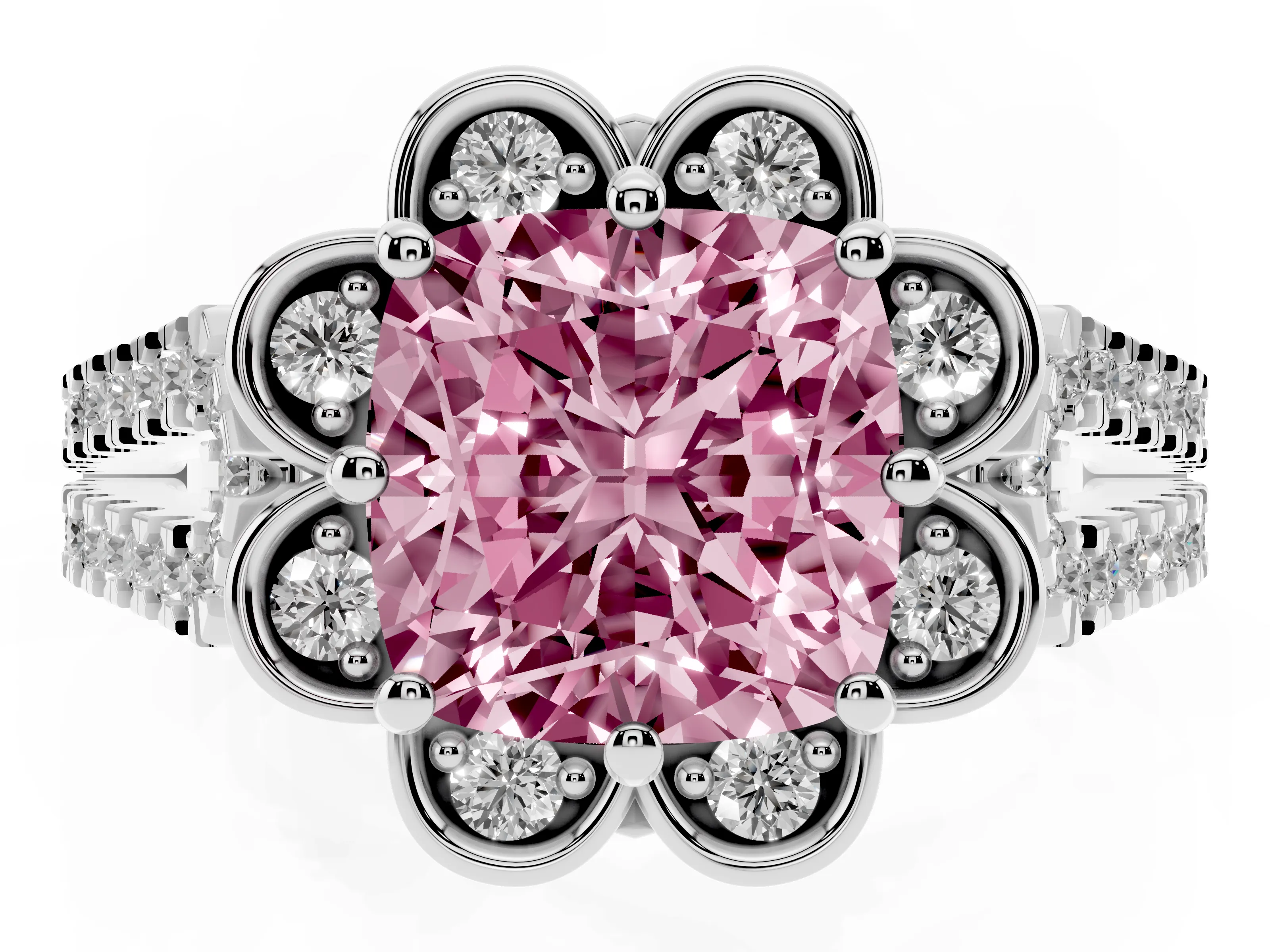 Fancy Pink Cushion Cut Diamond Floral Halo Split Shank Engagement Ring Set in Silver with Pavé Shank