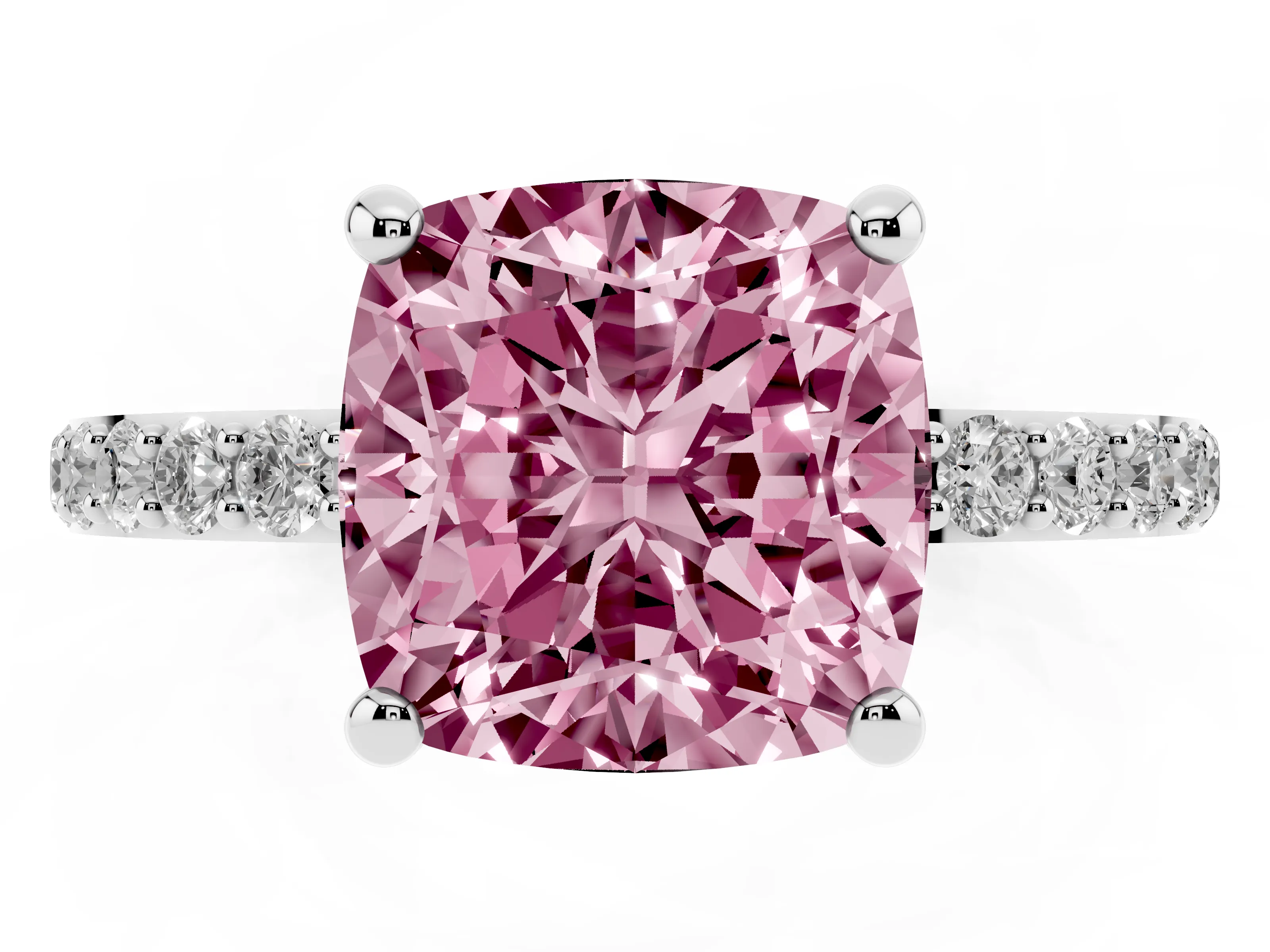 Fancy Pink Cushion Cut Diamond Solitaire Ring Set in Platinum with Round Pavé Band and Prong Setting