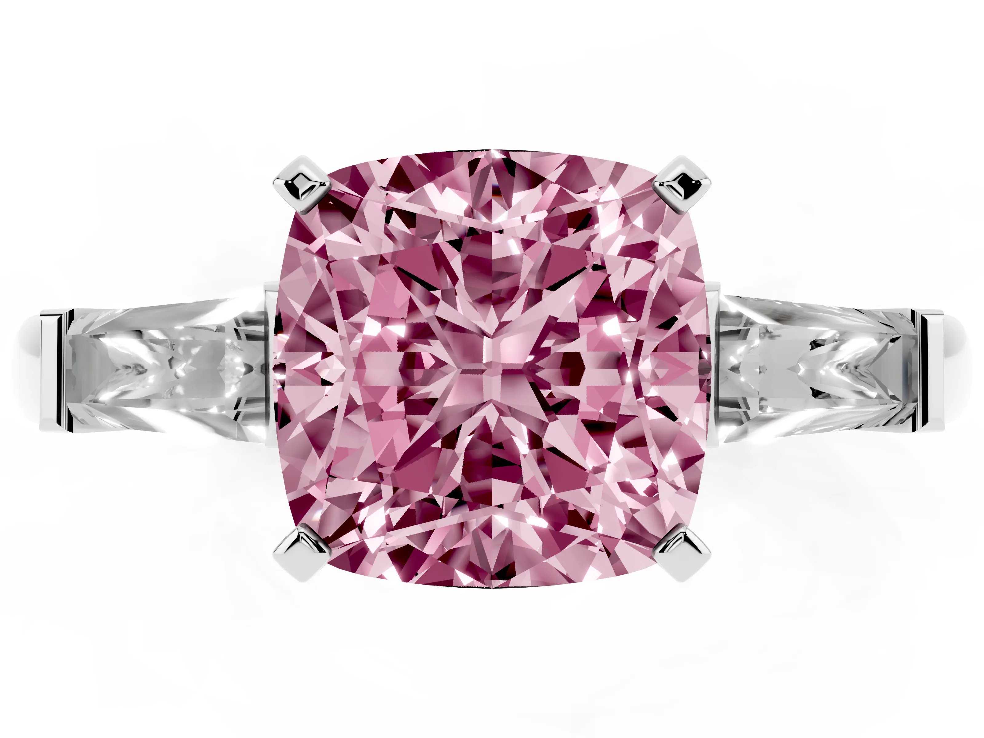 Fancy Pink Cushion Cut Diamond Solitaire Ring Set in Platinum with Tapered Baguette Side Stones and Prong Setting