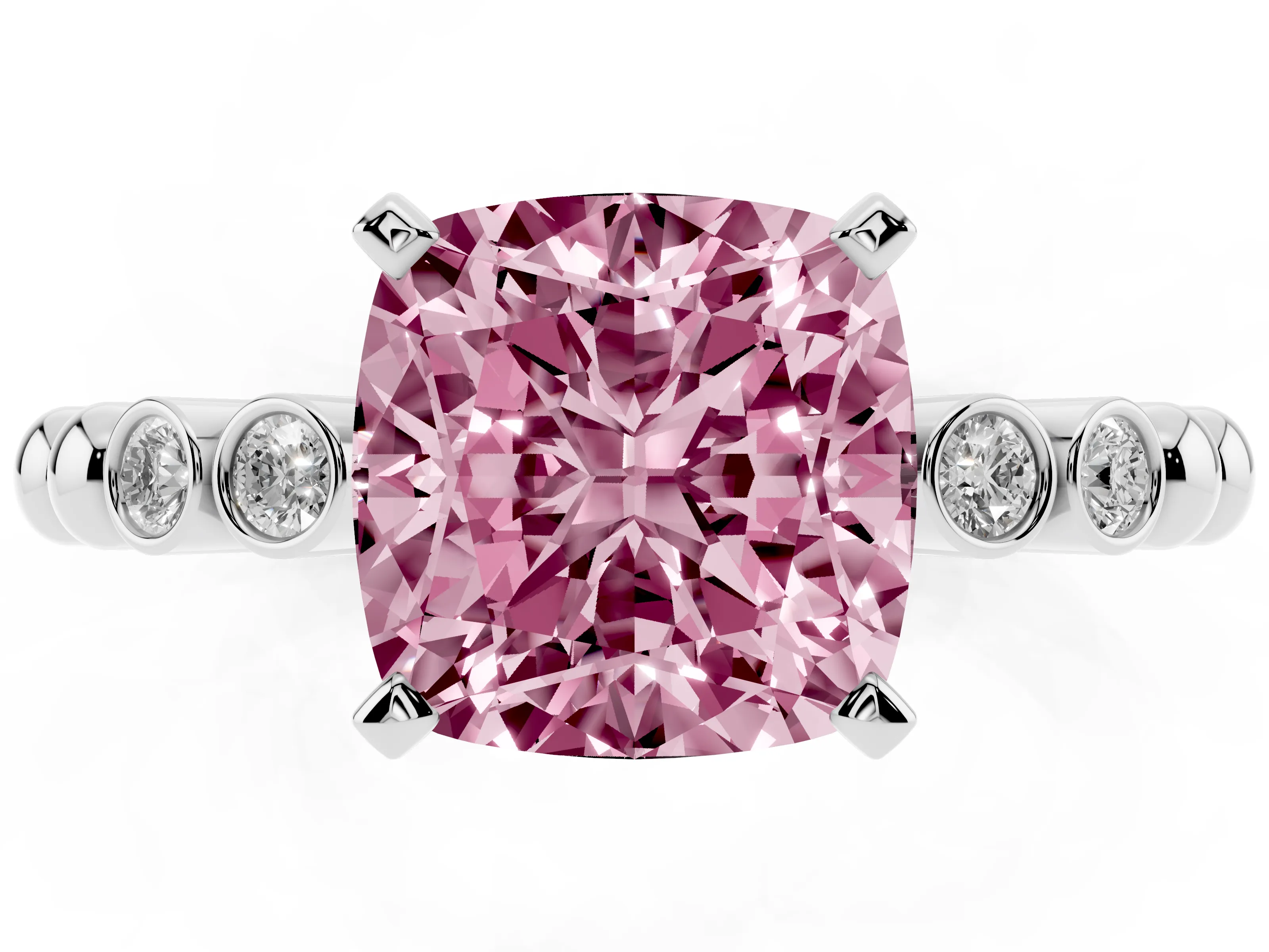 Fancy Pink Cushion Cut Diamond Solitaire Engagement Ring Set in White gold with Bezel Accents on Beaded Band