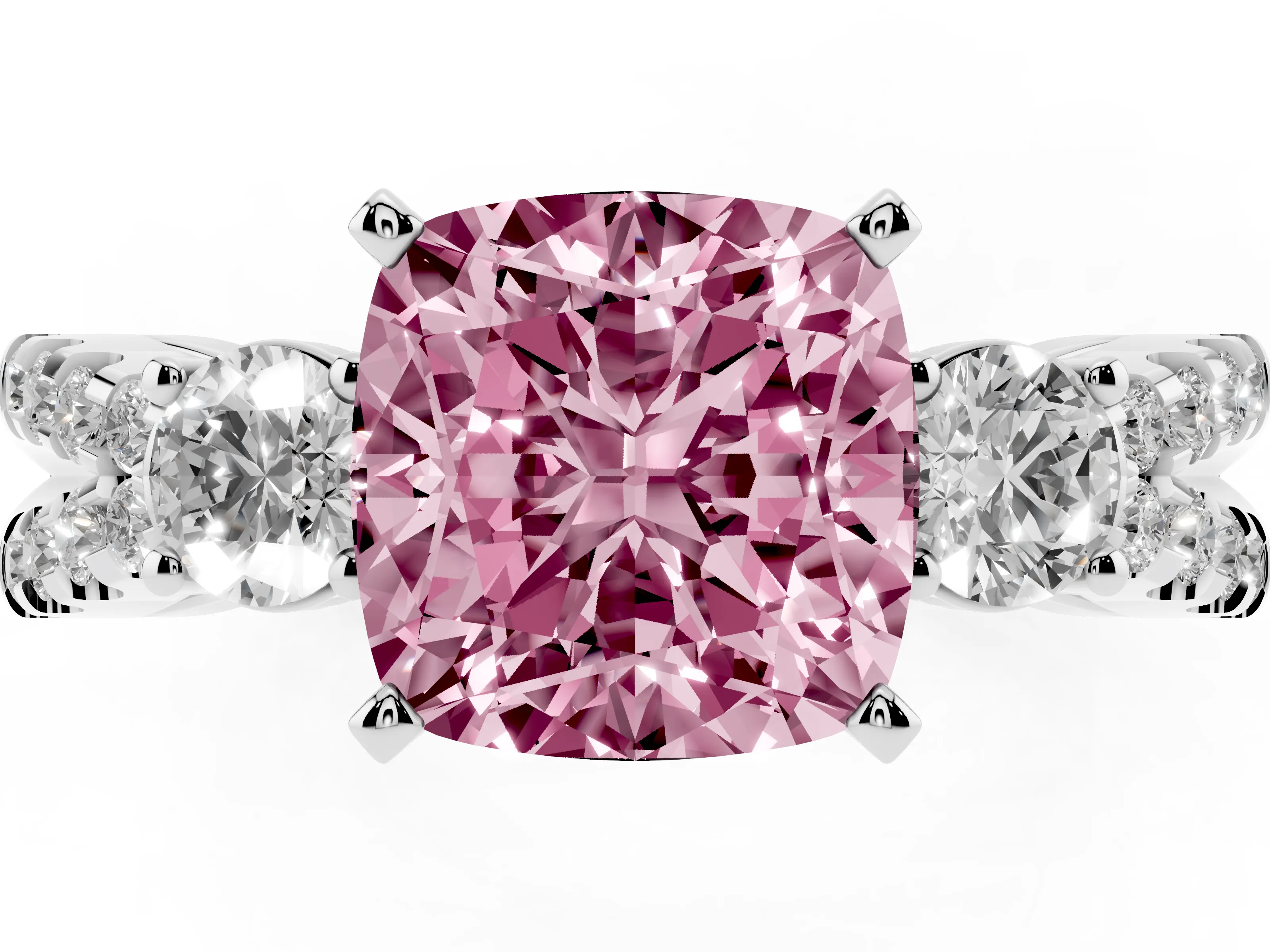 Fancy Pink Cushion Cut Diamond Three-Stone Ring Set in Silver with Pavé Split Shank and Prong Setting