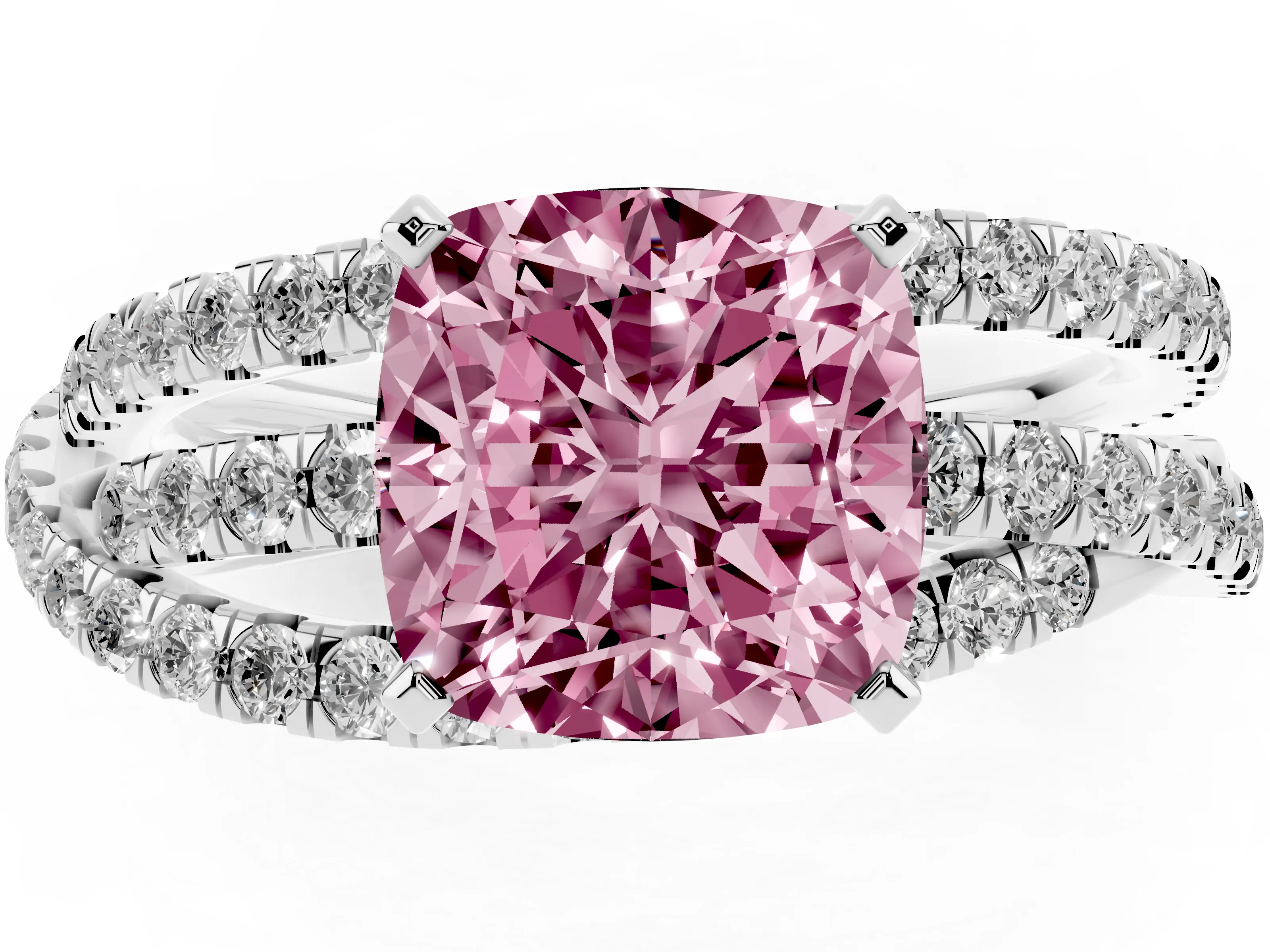 Fancy Pink Cushion Cut Diamond Solitaire Twist Band Ring Set in Platinum with Pavé Setting and Prong Head