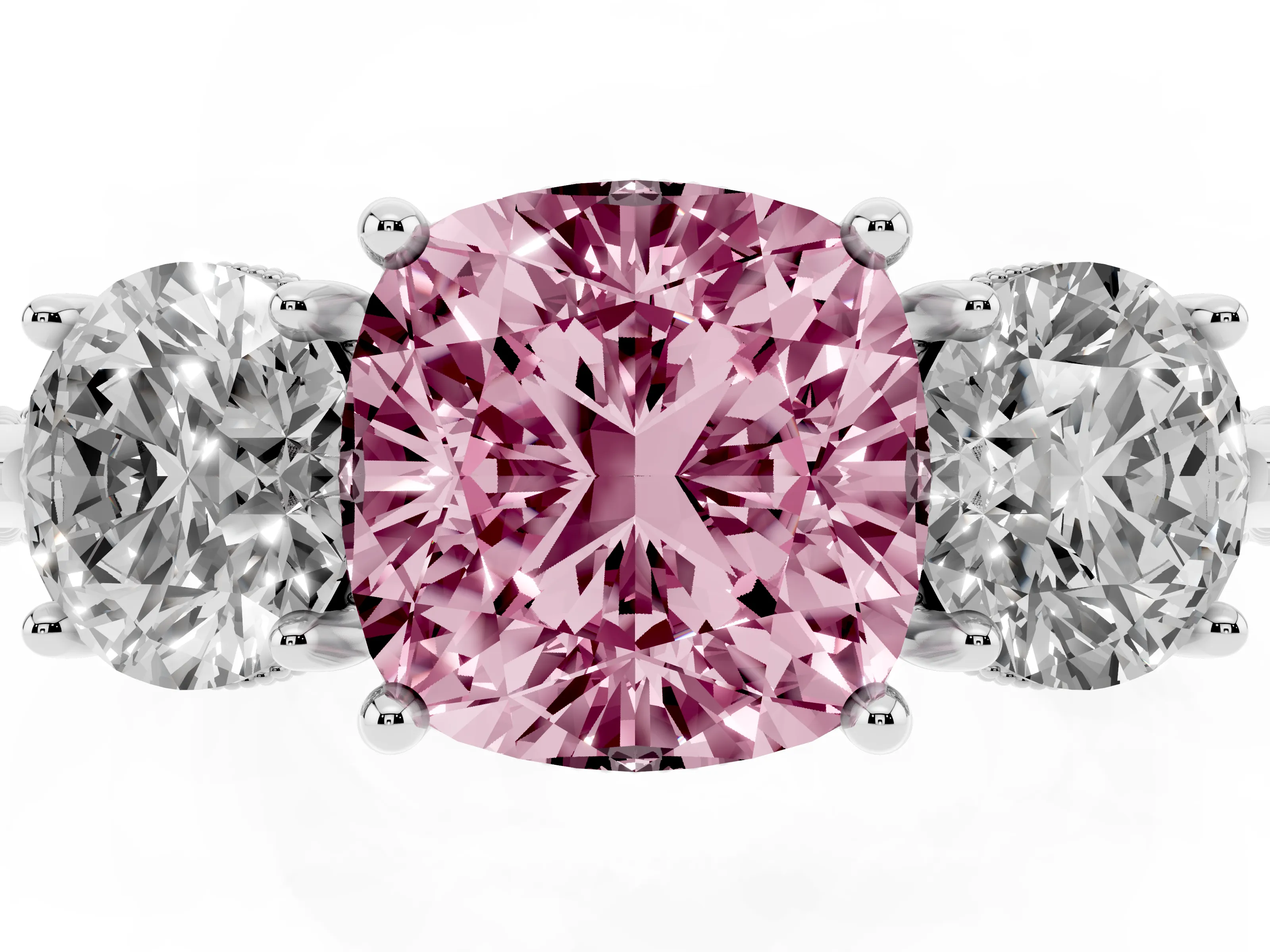 Fancy Pink Cushion Cut Diamond Three-Stone Ring Set in Silver with Milgrain Band